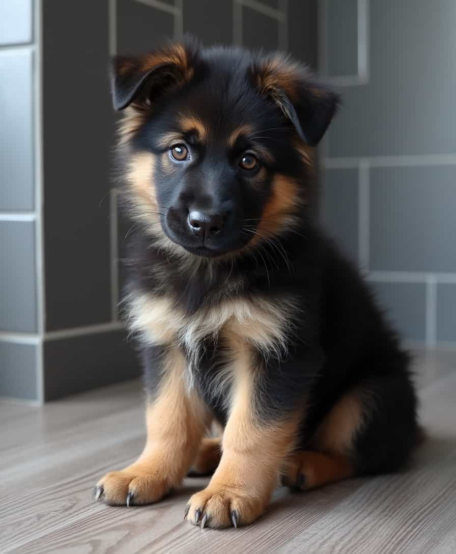 A fluffy German Shepherd puppy with deep brown eyes and soft black-and-tan fur, sitting on a wooden floor in a modern, tiled corner. The puppy's ears are slightly floppy, its gaze is innocent and longing, and its expression conveys sadness and hopefulness. The fur is thick, well-groomed, and slightly wavy, with a natural shine. The background features neutral grayish tiles and a cozy indoor setting. The lighting is soft and diffused, casting gentle shadows that enhance the puppy’s adorable yet melancholic expression.
