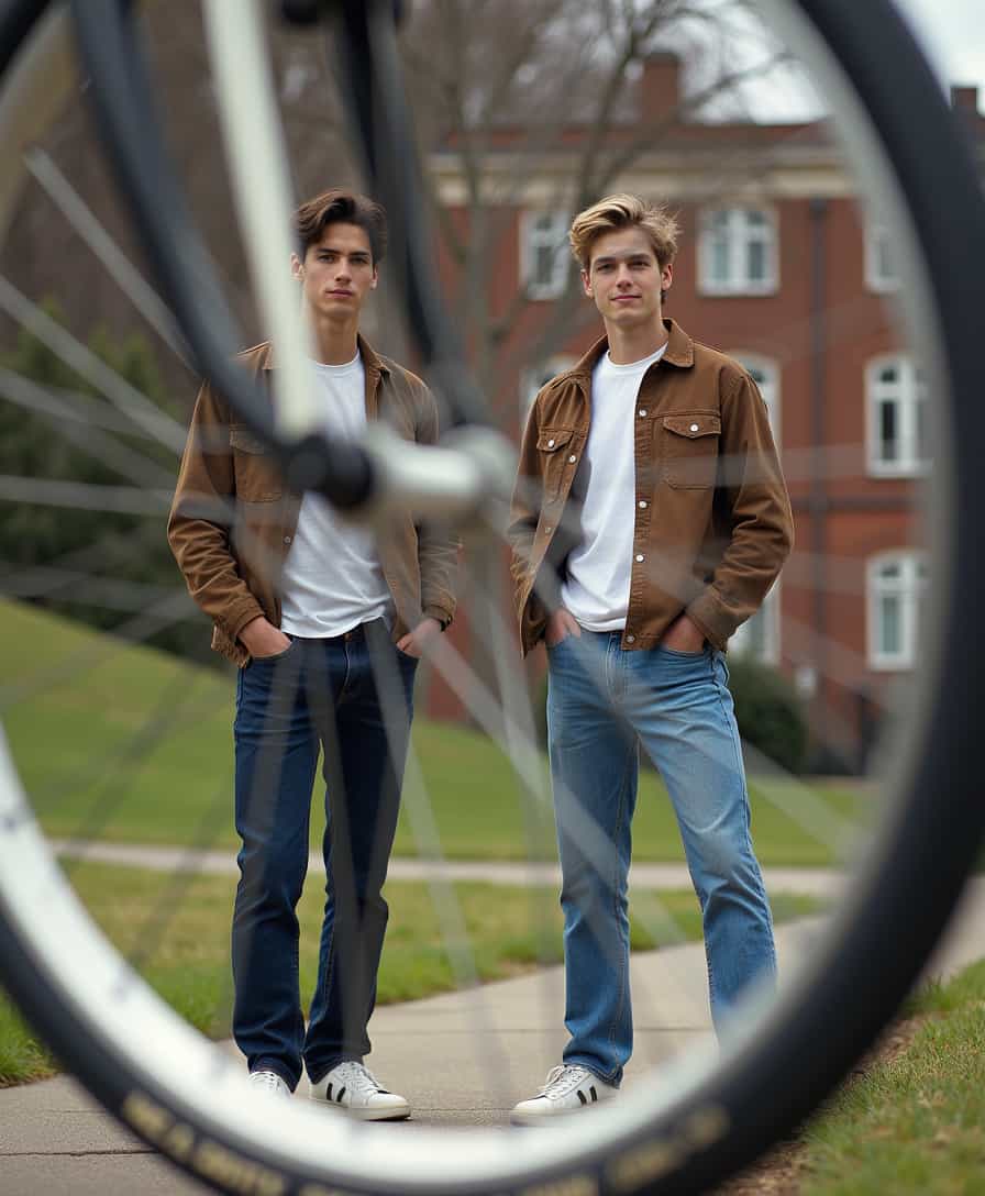 photo of 2 male models from the 90s posting outside of a college campus, but in the main foreground of the photo are bicycle wheels out of focus. the photo is being shot through the bicycle wheel where the models are the ones in focus.