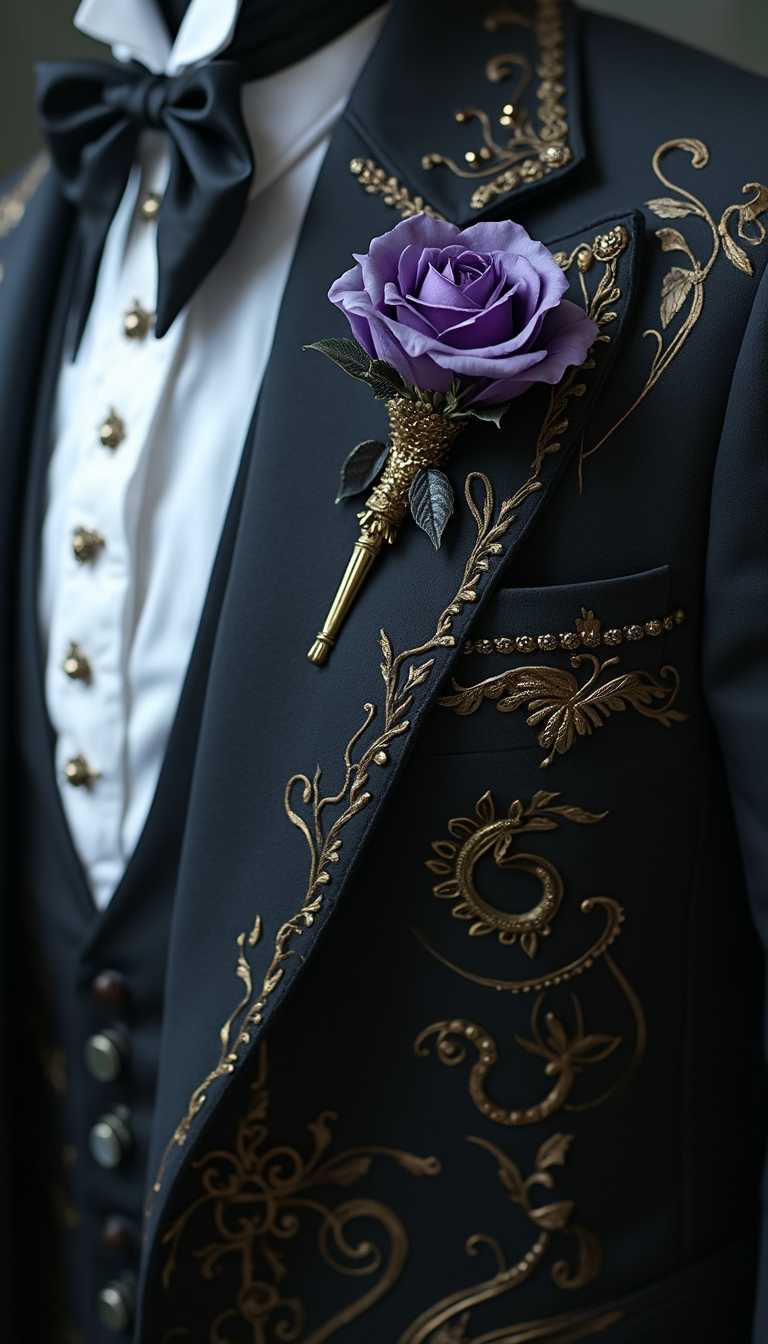 A stunning tailored suit of obsidian with golden accents and purple boutonniere for a dark fae lorrd in the style of ACOTAR. Fantasy. Photorealistic