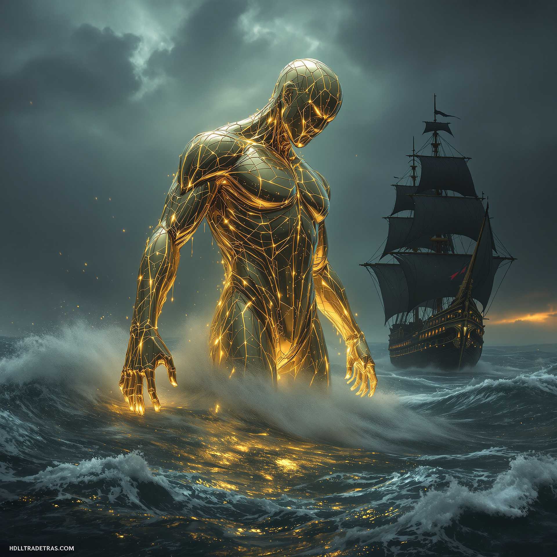 "A monumental figure made of liquid metal emerges from the waves of a stormy ocean. His gleaming body looks like it was made of liquid gold, dripping with a luminous liquid that reflects the dark clouds in the sky. In the background, a majestic, ancient sailing ship with black sails floats on the turbulent waters, adding a mystical and apocalyptic atmosphere to the scene, HD ultra detail.