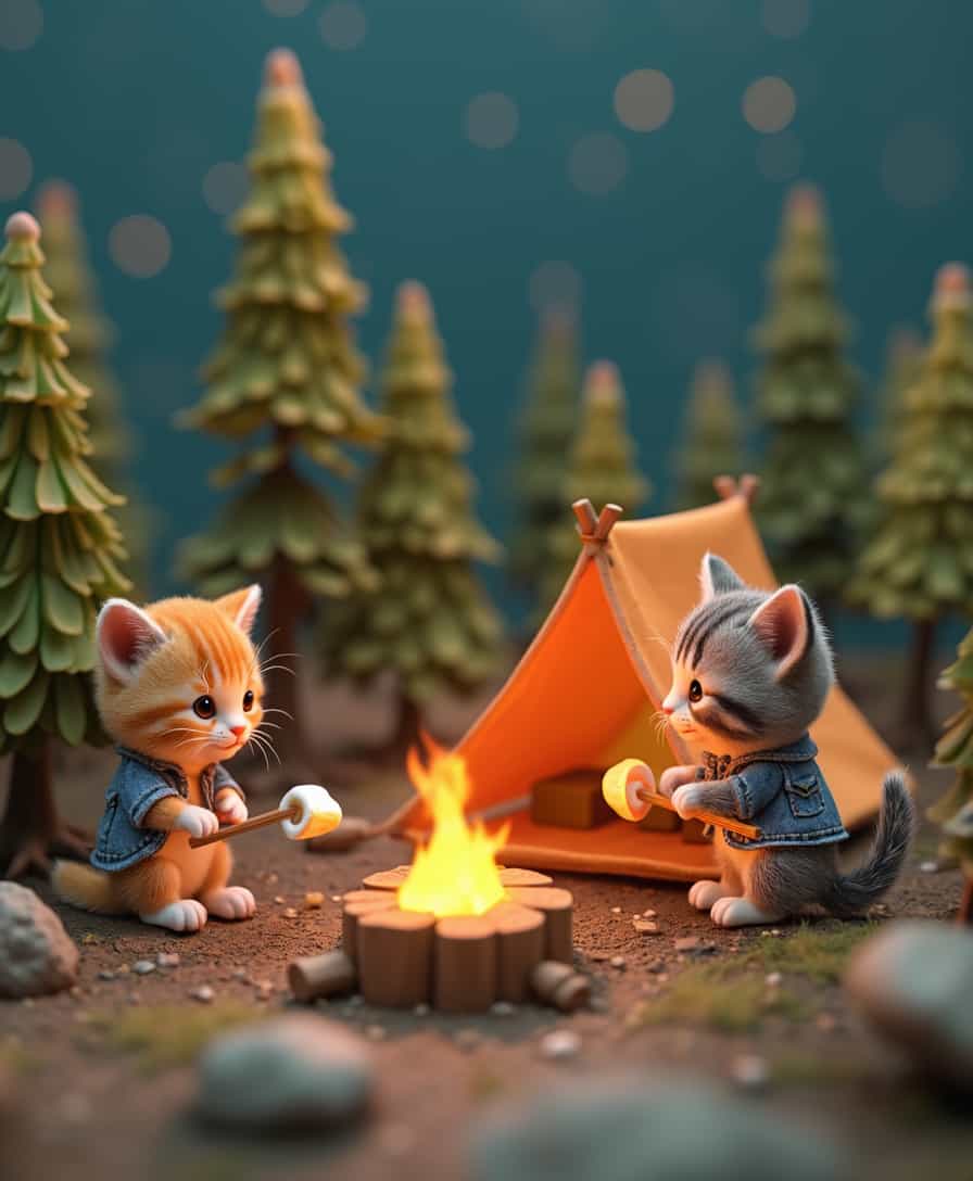3D, render,  miniature campsite where tiny kittens are on a camping adventure. One kitten is roasting tiny marshmallows over a miniature campfire, while another is snuggled in a tiny sleeping bag inside a miniature tent. A third kitten is exploring the nearby miniature woods with a tiny backpack. The campsite is surrounded by miniature trees and a starry night sky, creating a cozy and adventurous atmosphere. 
