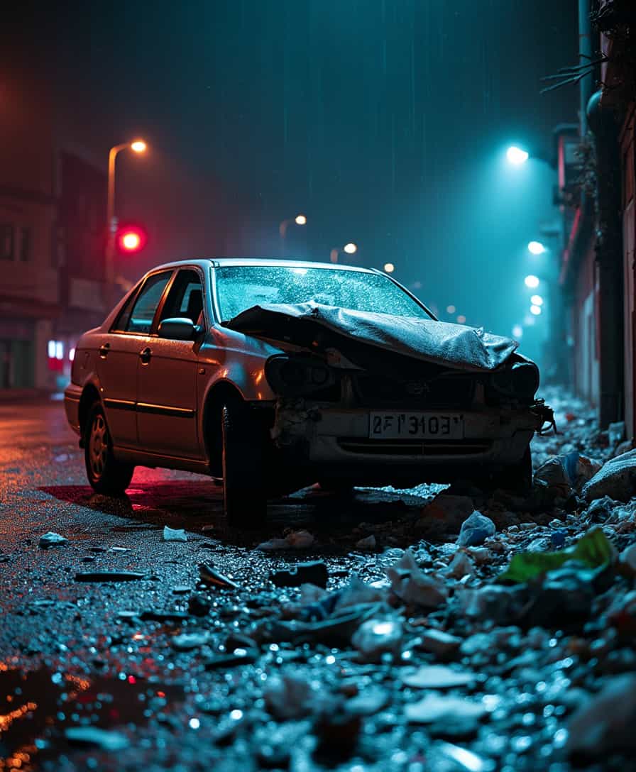 night, photo from an angle, carcrash, flash, broken glass, gloomy atmosphere, acid, garbage