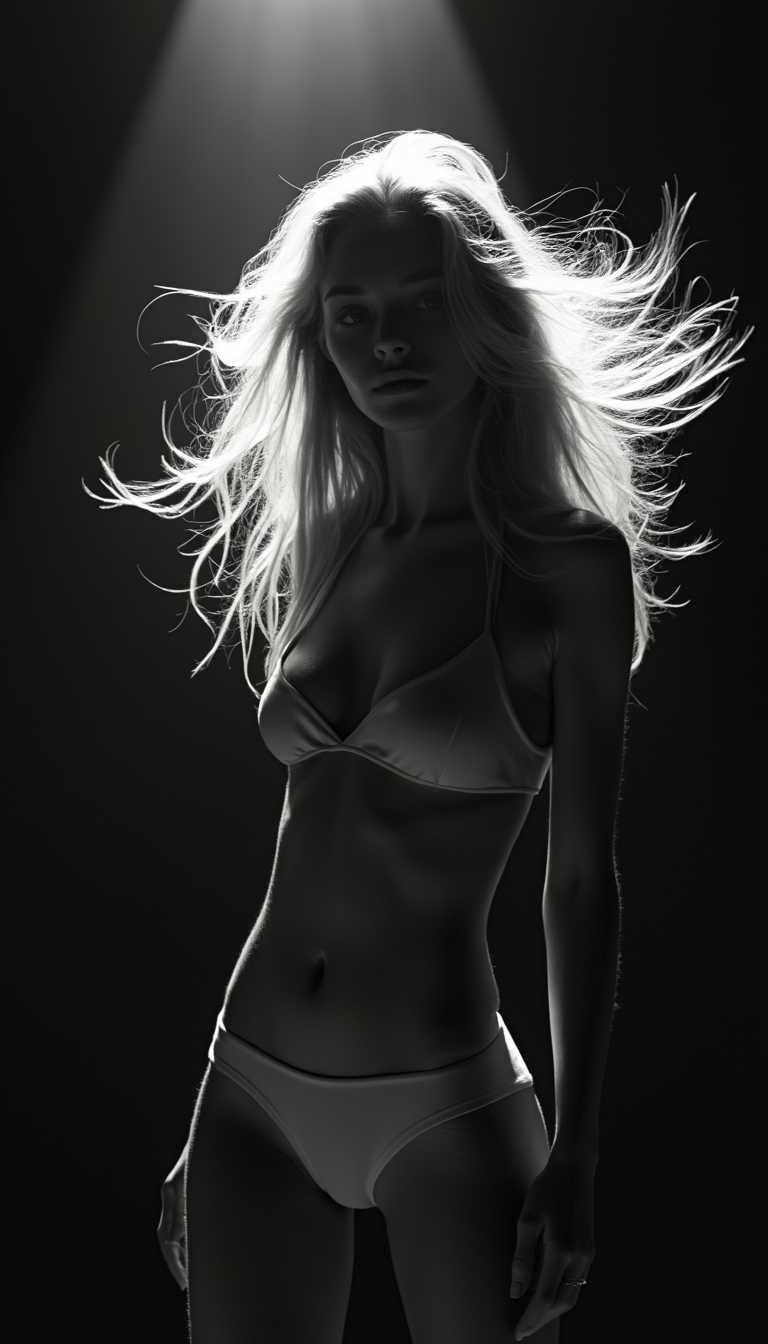 A black and white photograph of an attractive woman, her hair blowing in the wind. The title "jedrolil.com" is written in the top right corner. The background is dark, with light shining from the upper left side, creating an overall mysterious mood. The woman has long blonde hair and is wearing minimalistic . The lighting provides contrast between the shadowy parts of her face and body. The photo was taken in the style of Peter Lindbergh, conveying a sense of film noir aesthetic. 