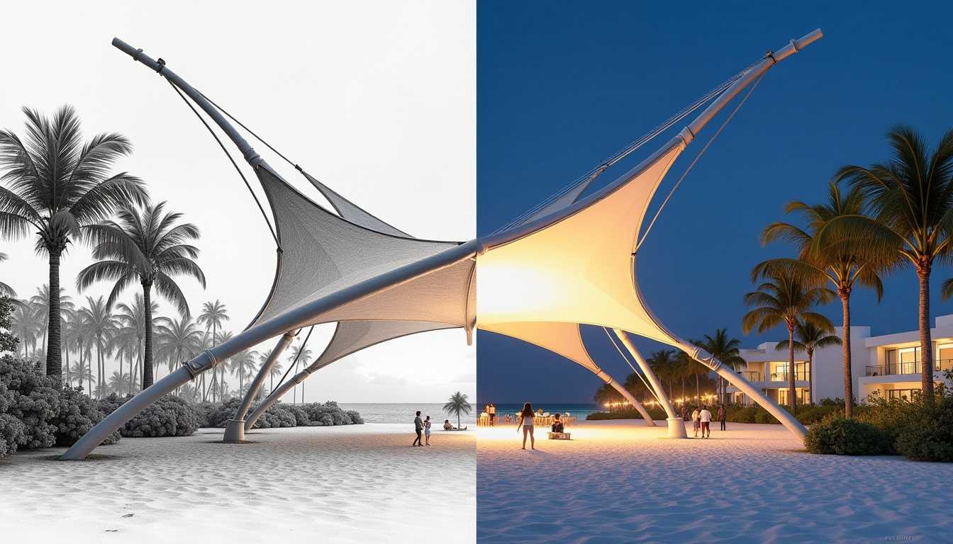 Create a captivating image of a tensile structure in textile architecture, split-screen style. The left half of the screen should showcase a highly detailed pencil and charcoal sketch of the design, emphasizing the intricate details of the steel framework and fabric membranes. The right half should depict the same structure in realistic, vibrant detail at night, featuring a sleek white metallic framework with rounded metal columns at the base and pristine white fabric membranes, illuminated by soft, strategic lighting that highlights its elegance and strength. Surround the realistic structure with a serene beach environment, including palm trees, monstera plants, and a tranquil nighttime atmosphere. In the background, include modern white buildings reminiscent of Cancún, Quintana Roo, subtly lit to blend harmoniously with the tropical setting. Between the two halves, incorporate a soft, blurred, and seamless transition where the sketch gradually diffuses into the realistic representation. Highlight the key benefits of tensile structures, such as their lightweight nature, durability, and aesthetic appeal. The overall composition should be visually stunning, with a focus on the interplay between art and reality, showcasing the beauty of white metallic structures with rounded columns and white fabric membranes in a tropical beach setting at night, with Cancún-style white buildings in the background and a warm, inviting glow from the lighting 