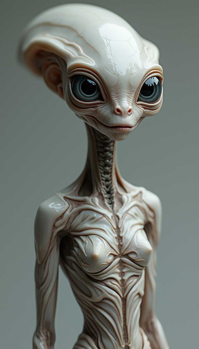 An alien with a very long neck and very detailed translucent white skin, elongated head and large cosmos gray eyes wearing a sophisticated and futuristic outfit, on a gray background in the style of hyperrealistic photography.
