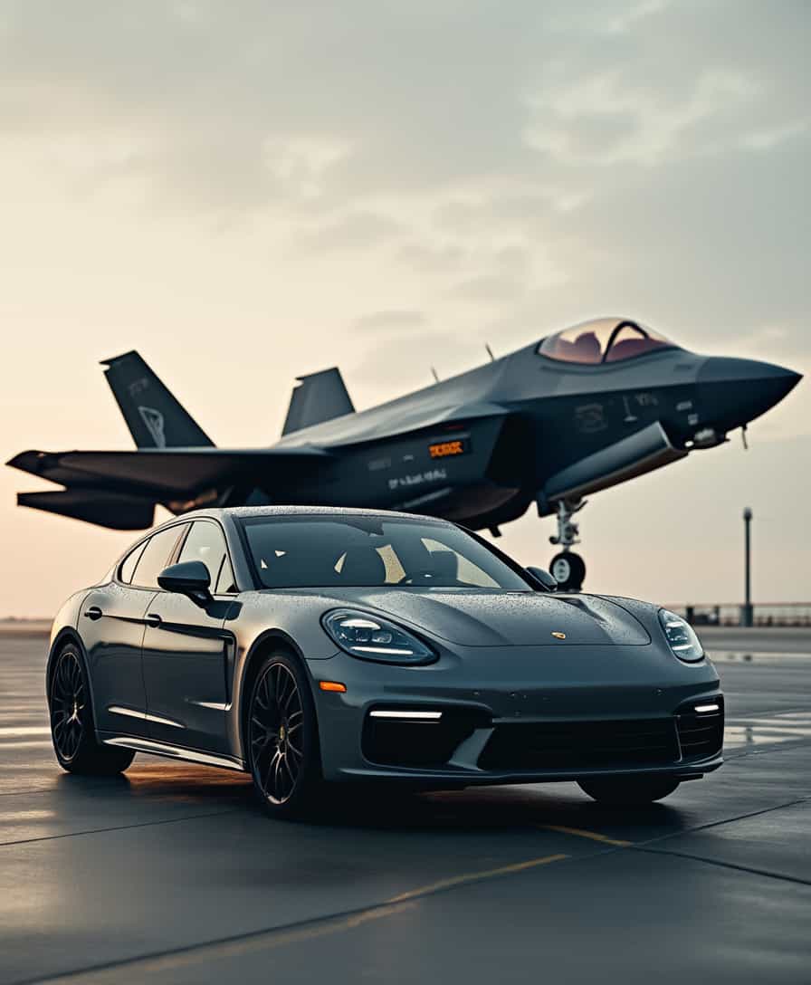 A gray Porsche Panamera with an F-35 fighter jet behind it, captured in an iPhone photograph. 