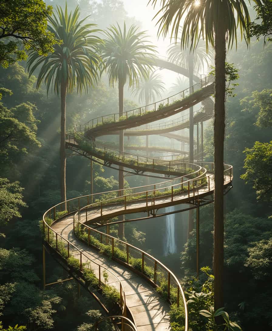 junya ishigami’s design of a 60 metre tall roller coaster ramp walk rising from a palm rainforest. Beautiful sunlight. Light steel structures ramps with plants, architecture details
