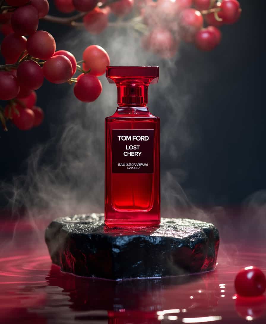 A bottle of Tom Ford "Lost Cherry" Eau de Parfum perfume water, located on an elegant podium in the form of a black stone surrounded by cherry fruits and sakura flowers, stands on the water. The background is dark, with soft lighting highlighting the bright red color of the product. A soft glow and haze emanates from the perfume, creating a magical effect. This stage creates a luxurious atmosphere, ideal for displaying high-quality perfumes in a commercial setting. 