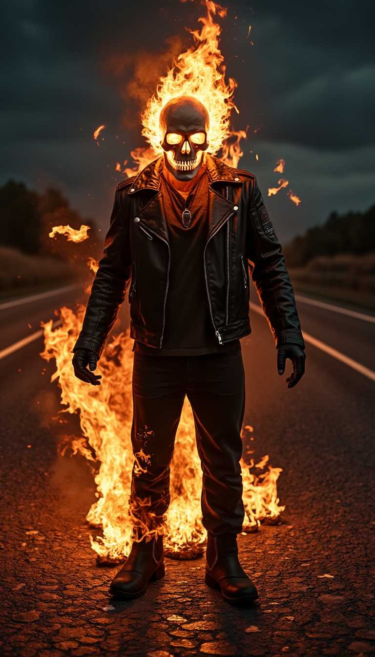 Cinematic photo of Ghost Rider, with flaming face, standing in the middle of a dark highway at night, his body wreathed in hellfire. His leather jacket is torn, embers dancing around him, as his fiery skull illuminates the cracked pavement. 
