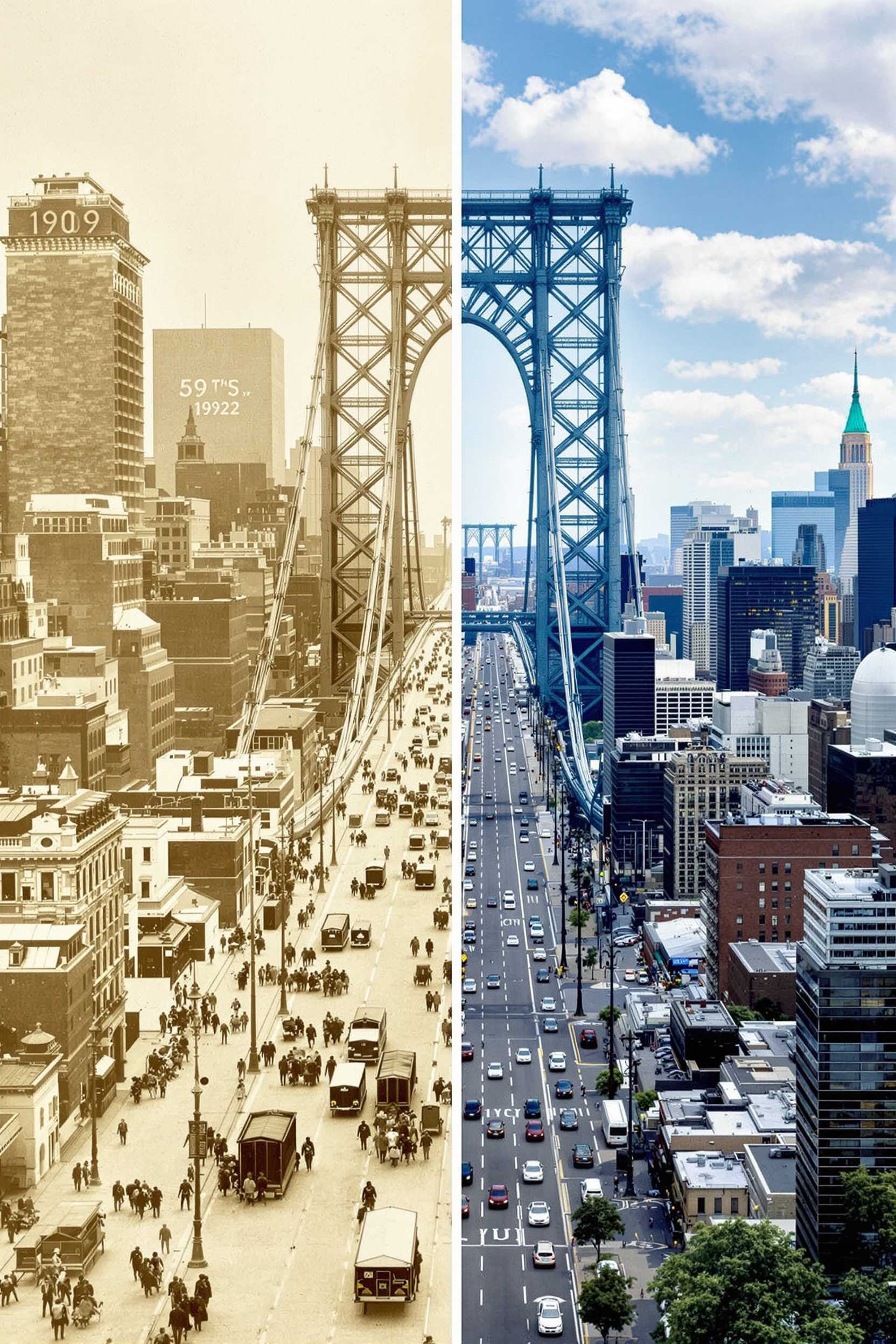  Queensboro Bridge, New York.
A split-frame image of the 59th Street Queensboro Bridge in New York City, with the left side showing the year 1909 in sepia tones, featuring early 20th-century architecture, horse-drawn carriages, and simpler buildings. The right side depicts the year 2022 in full color, showcasing the modern NYC skyline with towering skyscrapers, bustling traffic, and advanced architecture. The iconic bridge stands central in both time periods, emphasizing the transformation of the city from past to present.