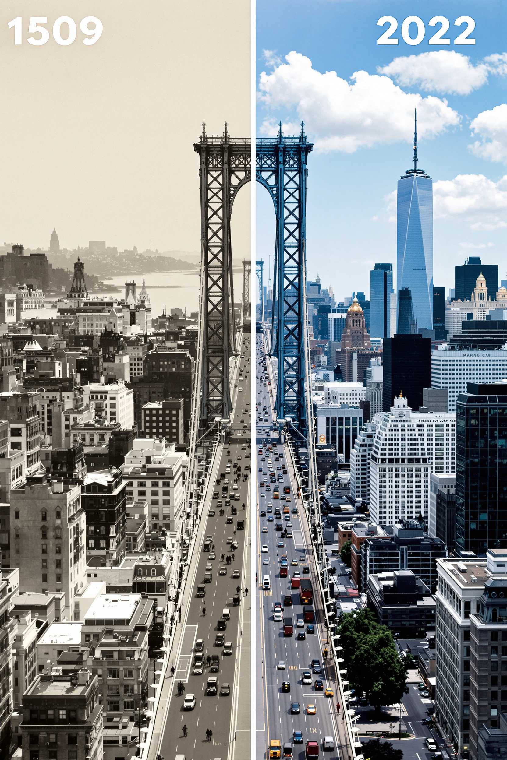  Queensboro Bridge, New York.
A split-frame image of the 59th Street Queensboro Bridge in New York City, with the left side showing the year 1909 in sepia tones, featuring early 20th-century architecture, horse-drawn carriages, and simpler buildings. The right side depicts the year 2022 in full color, showcasing the modern NYC skyline with towering skyscrapers, bustling traffic, and advanced architecture. The iconic bridge stands central in both time periods, emphasizing the transformation of the city from past to present.