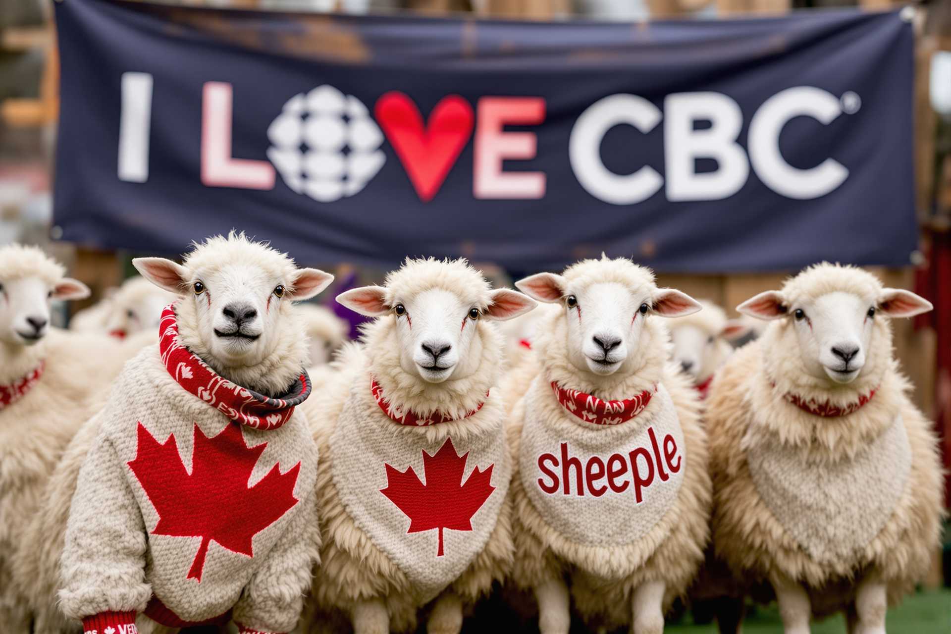 create a photo of sheep wearing wool sweaters with a Canadian maple leaf, red and white word "sheeple". Background a banner that reads "I LOVE CBC" 