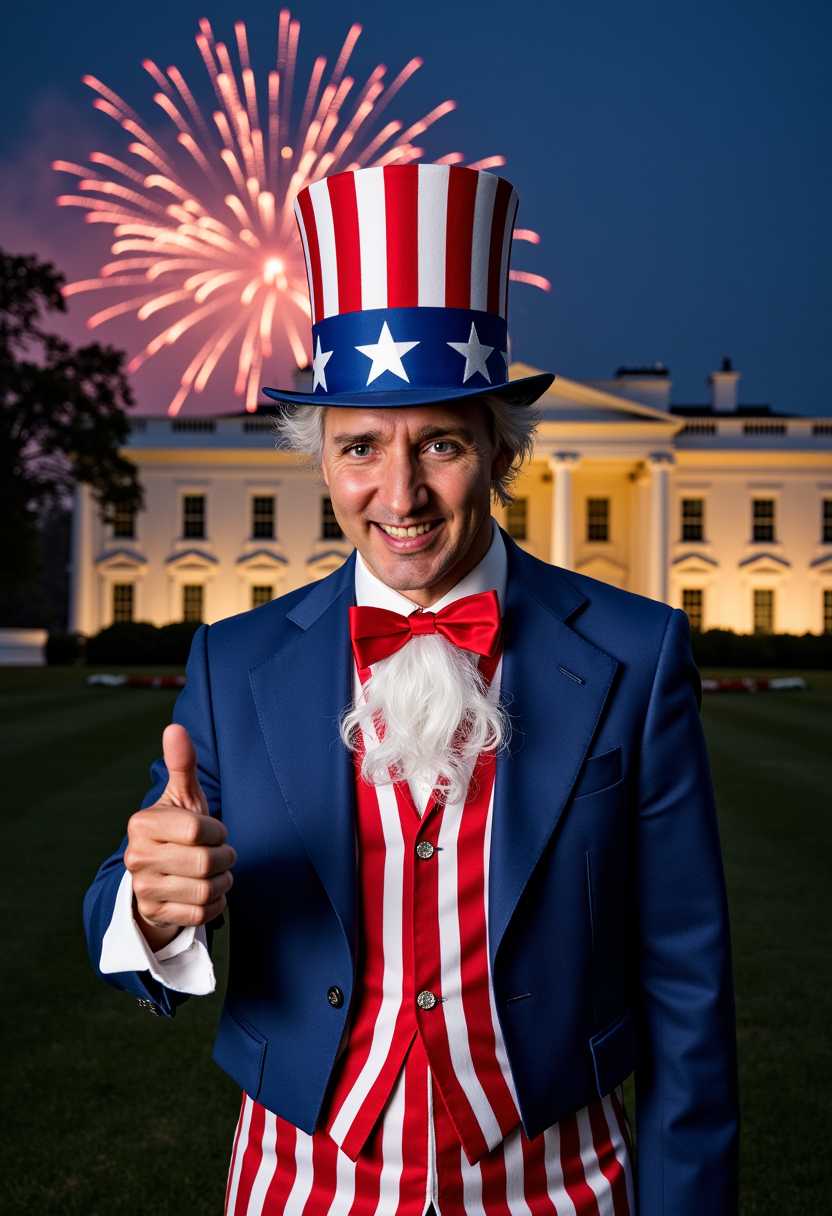 a photo of WACKO, a man WACKO dress as Uncle Sam wearing red, white, and blue striped outfit holding a US flag. Background Government WhiteHouse with fireworks