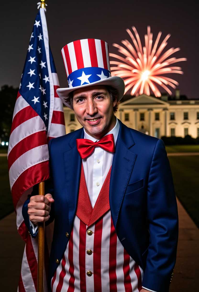a photo of WACKO, a man WACKO dress as Uncle Sam wearing red, white, and blue striped outfit holding a US flag. Background Government WhiteHouse with fireworks