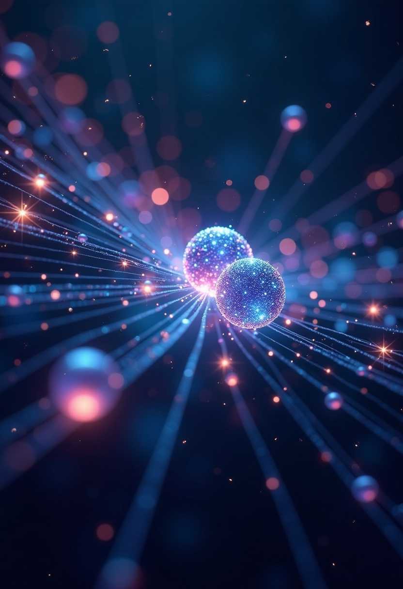 Create an image depicting **quantum entanglement** as an **ethereal dance** of **glowing particles** suspended in a **vast, dark void** representing the quantum realm:

- **Visual Details:** 
  - The particles **shimmer** with **iridescent hues** of **blues, purples, and pinks**, each emitting **subtle quantum vibrations** visible as **flickering light**.
  - Entanglement is shown by **glowing, translucent threads** connecting the particles, **throbbing** with a **rhythm** that suggests **synchronicity**.

- **Style:** 
  - Blend **abstract expressionism** with **scientific illustration** to capture the **mystical** yet **precise** nature of quantum entanglement.

- **Composition:**
  - Center the particles in the frame, with **threads of entanglement** stretching across, **drawing the viewer's eye** to their connection.
  - Use a **slightly tilted camera angle** to emphasize the **dynamic nature** of the entanglement.

- **Mood and Atmosphere:**
  - An **awe-inspiring** yet **serene** atmosphere, with **dim ambient lighting** to reflect the **mysterious** and **enigmatic** nature of quantum physics.
  - Set the scene in **perpetual twilight** to enhance the **otherworldly** feel of the quantum realm.

- **Technical Aspects:**
  - Utilize **high contrast** to highlight the particles and threads, with **soft focus** around the edges to blend into the void.
  - Incorporate **bokeh** to provide **depth** and **focus** on the entanglement threads.

- **Cohesion:**
  - The **color palette** and **light effects** work in unison to create a **visual metaphor** for the **intricate, invisible connections** of quantum entanglement, ensuring the image feels **scientifically accurate** yet **visually captivating**.