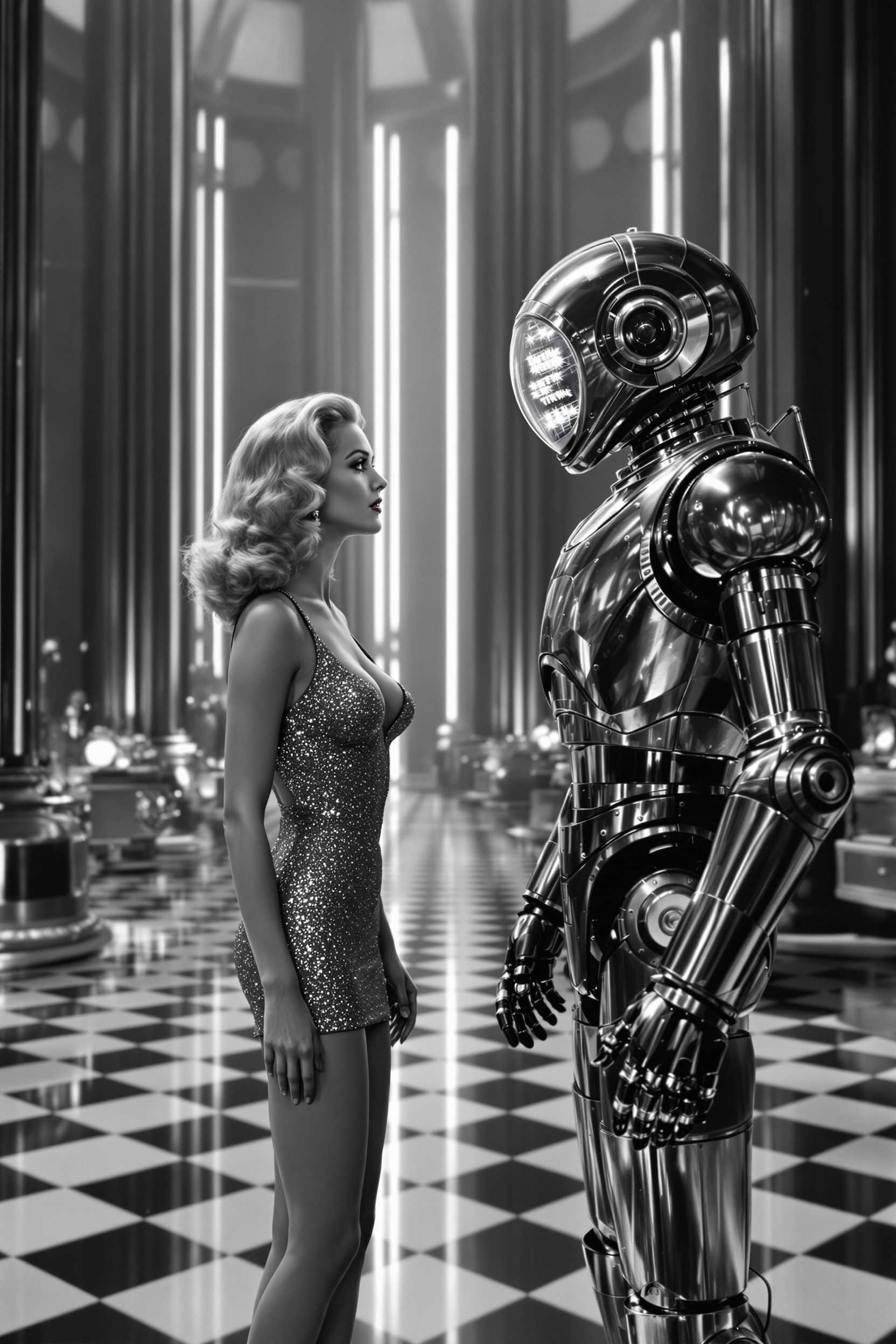 In this still frame from a 1950's science fiction movie, a beautiful blonde actress with wavy hair styled in a glamorous 1950s fashion, wearing a very short, shimmering metal mesh dress with a plunging neckline that sparkles under the lights, is positioned at the center of the frame. She is seen talking to a large humanoid robot with a glass dome for a head. Inside the dome, twinkling lights flicker, giving the robot an almost sentient presence. The robot, made of shiny metal, has articulated arms and legs, and stands facing the actress. 

The scene is set inside an alien laboratory, depicted with grandiose, futuristic architecture. Large vertical structures traverse the space, casting elongated shadows on the black and white checkerboard floor that is highly reflective, creating an almost surreal visual effect. The lighting is dramatic, with high contrast typical of the black and white film era, highlighting the reflective surfaces and the intricate details of the laboratory equipment scattered around. The overall mood is tense and mysterious, capturing the essence of classic science fiction, with an air of suspense and otherworldly intrigue.
