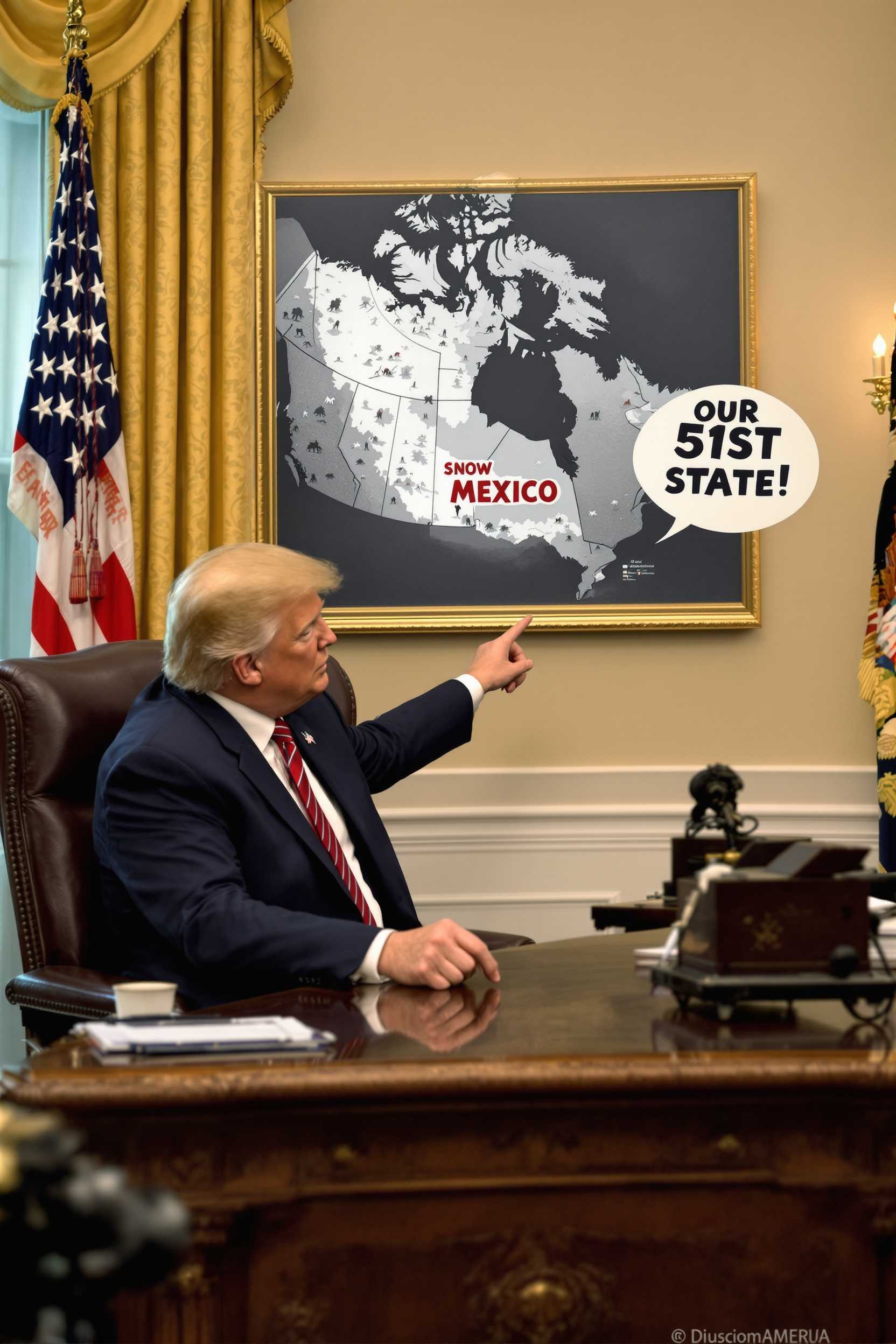 Trump sitting in the Oval office at his desk pointing to a map of Canada on the wall, with the text that reads "SNOW MEXICO" we a speech bubble that reads "OUR 51ST STATE" BACKGROUND OVAL OFFICE, realistic photo