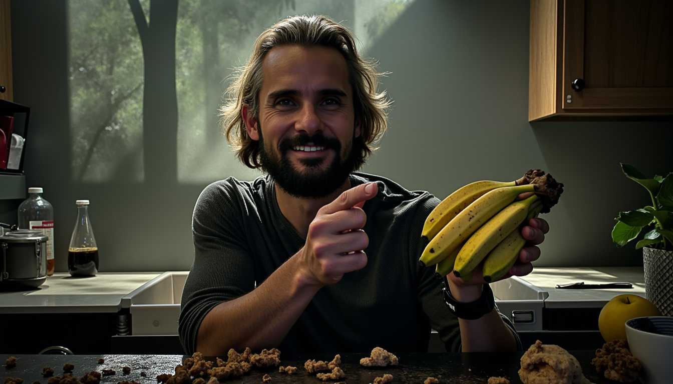 a photo of TOK, a man holding a bunch of bananas