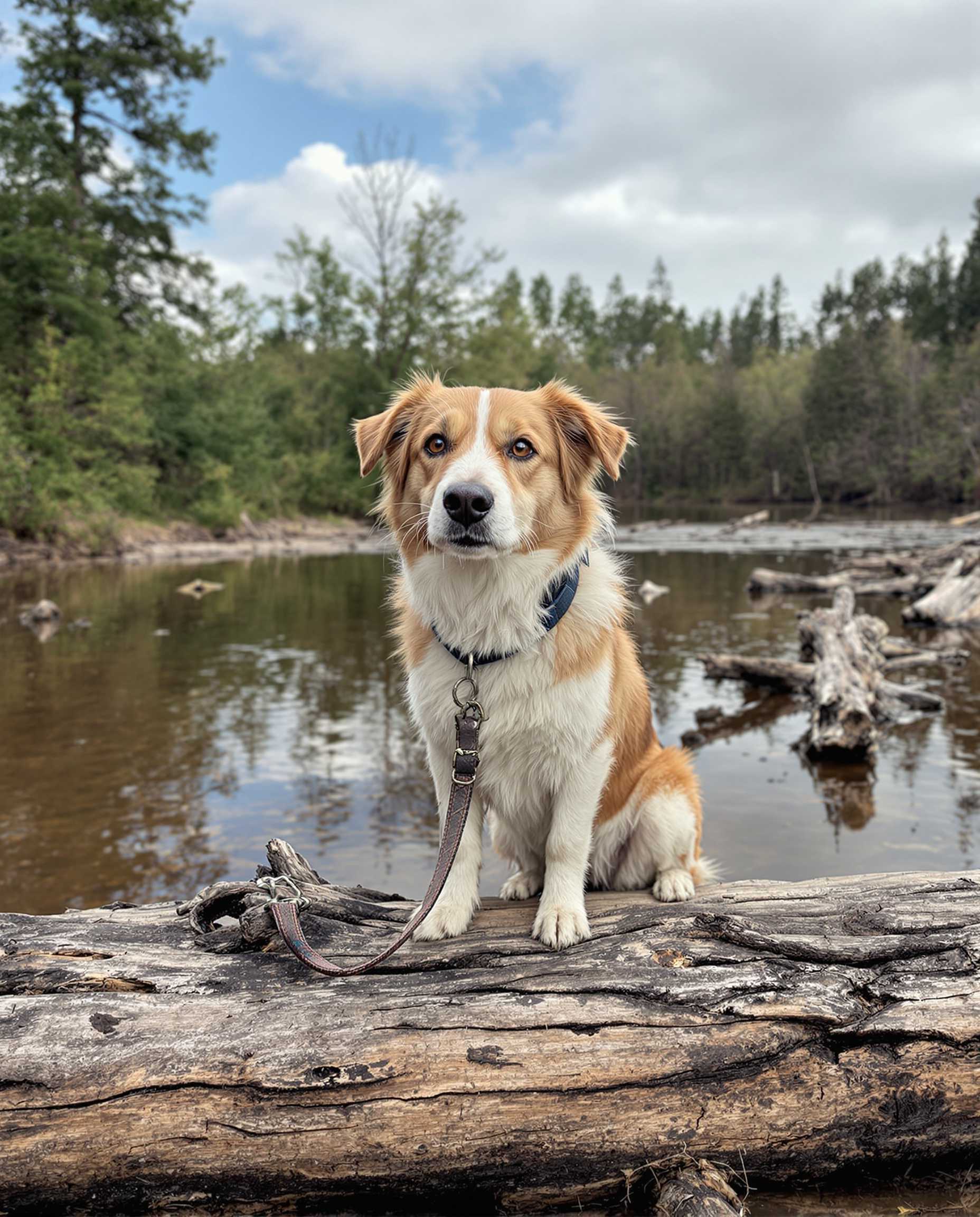 a dog on a log in a bog