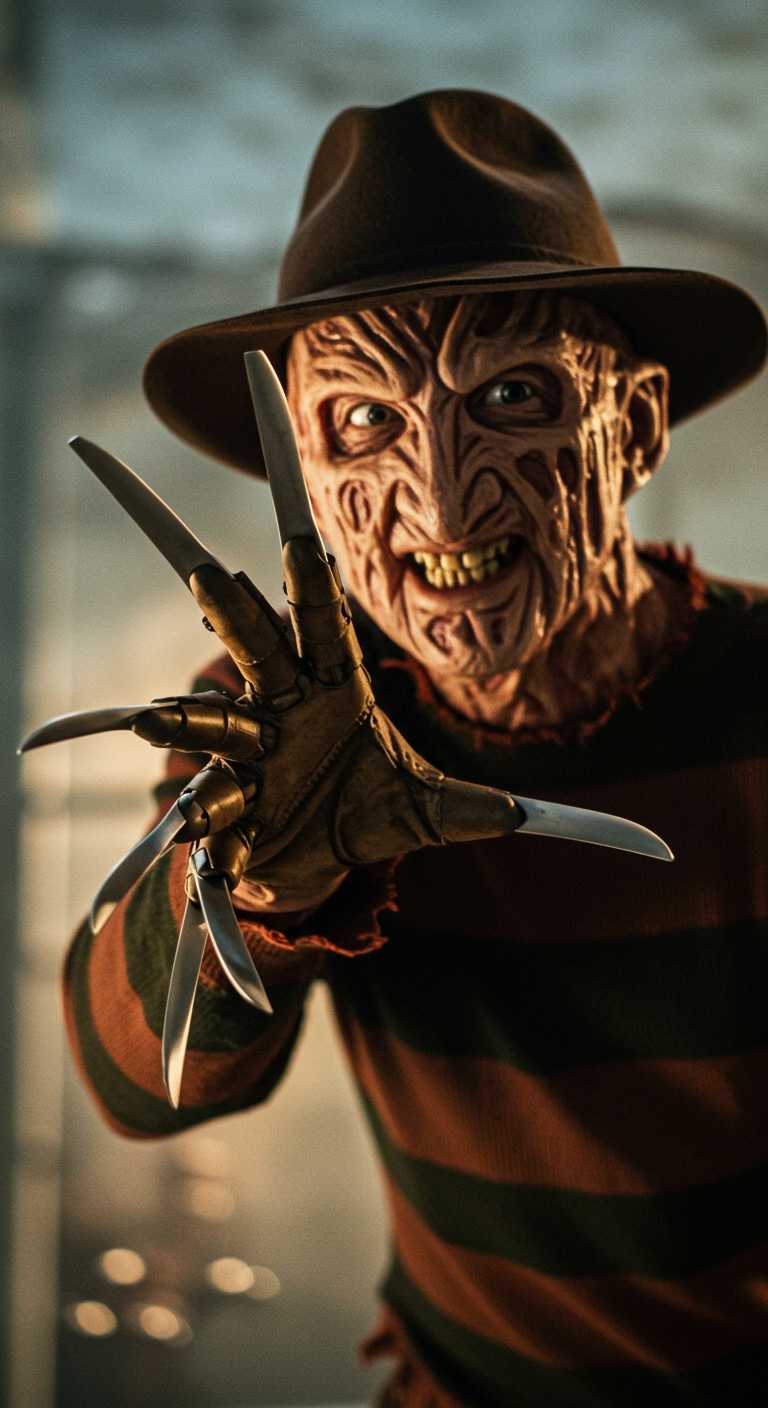 The movie horror character Freddy Krüger grab with his hand towards camera, bokeh