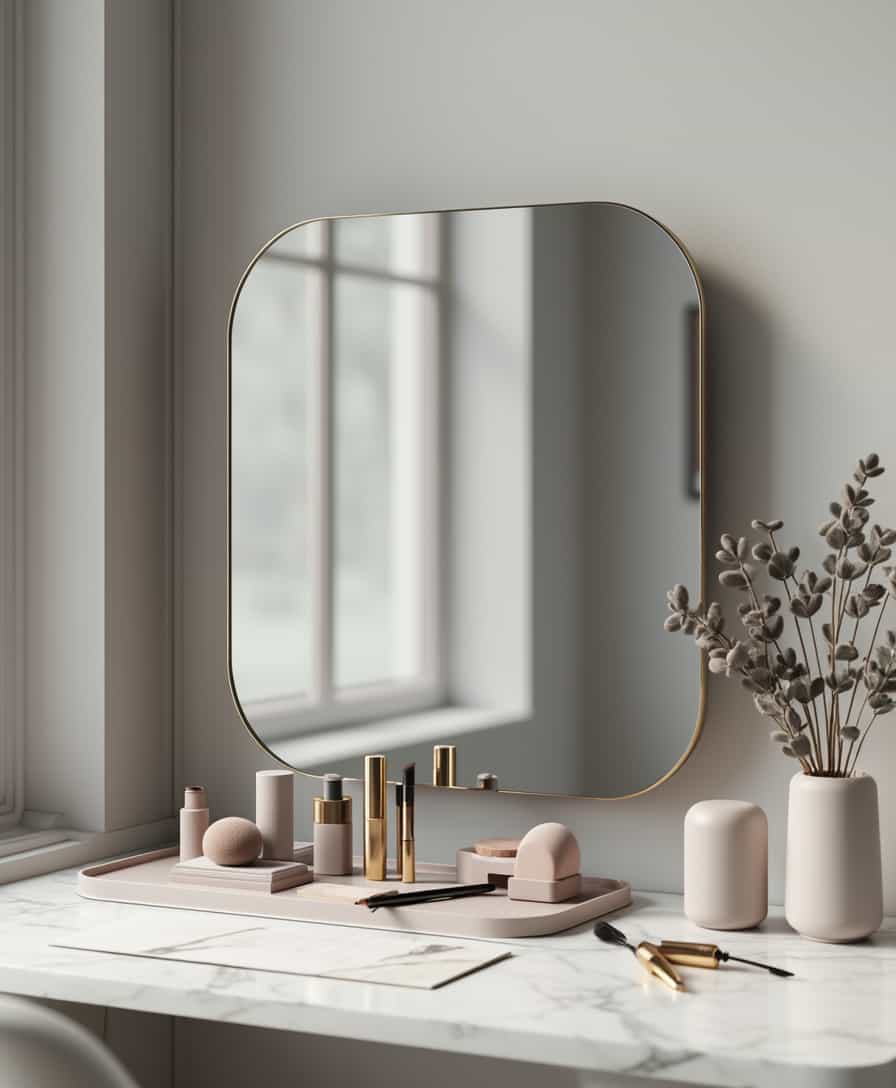 Minimalist luxury vanity table with a large irregular-shaped organic mirror, soft matte grey tones, neatly arranged cosmetics including lipstick, eyebrow pencil, powder puff, eyelash brush, mascara tube, and beauty blender, clean architectural lines, diffused natural lighting, muted pastel accents, marble texture surface, contemporary Scandinavian design, muted gold hardware details, airy negative space composition, ultra HD 8k render
