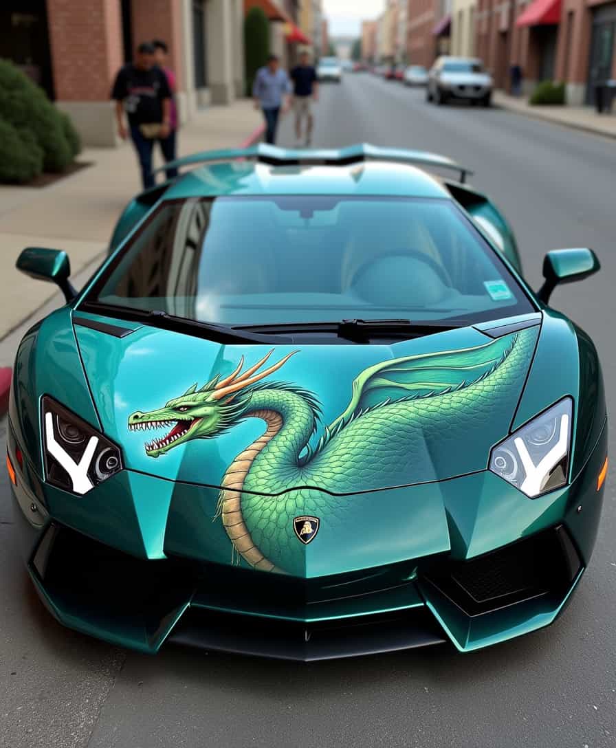 lamborghini with a ferocious teal dragon wyrm painting on the hood, photography 