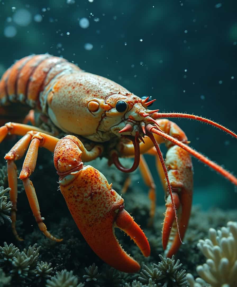 Underwater art photography of a lobster. Analog shot. Grainy. Low exposure. Dark colors. Cinematic feel. National Geographic winning photo. 