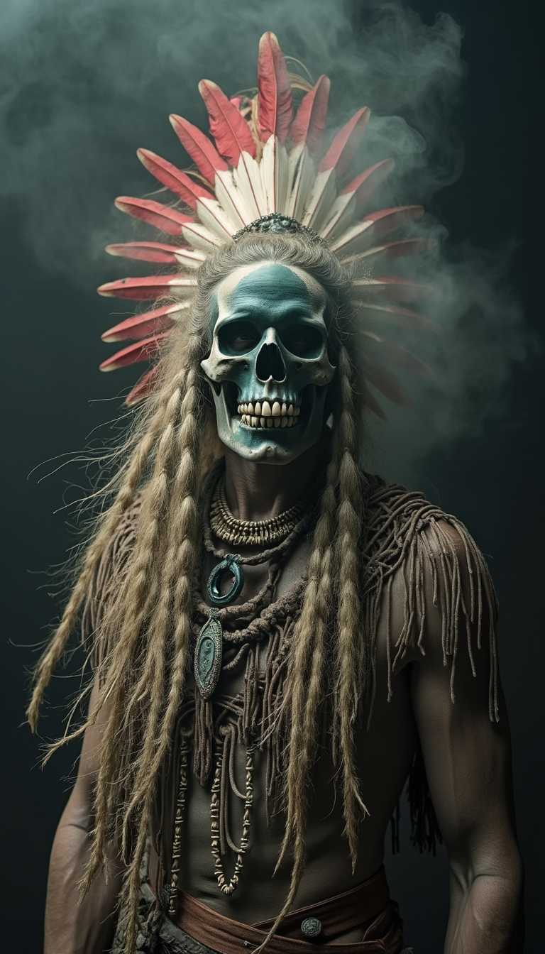 The image primarily depicts a figure, embodying the skeleton of a Native American figure from the Shoshone tribe of Wyoming, against a black and grey background. This surreal photorealistic composition features a skeleton in the foreground, his long, dusty old hair arranged in an elaborate tousled crest hairstyle, interwoven with red and lighter elements that suggest feathers or ornaments. His skull is accentuated by distinctive facial makeup. The figure's athletic and sturdy medium build is emphasized by his upright posture, which projects an imposing presence. Dressed in worn, dusty attire reminiscent of the traditional clothing of North American indigenous peoples, he wears a dark brown or earth-toned garment, possibly leather, decorated with fringes, and a collar that highlights the intricate fringe details. The dark blue-green makeup partially covering his face extends across the width of his forehead, eye sockets and cheeks, hinting at a ceremonial or ritualistic significance. This fantastical cinematic scene is further enhanced by volumetric lighting that bathes the figure, casting dramatic shadows and creating an ethereal atmosphere, while subtle smoke rises around him, adding to the mystery and depth of the composition. Overall, the image suggests a narrative steeped in history.