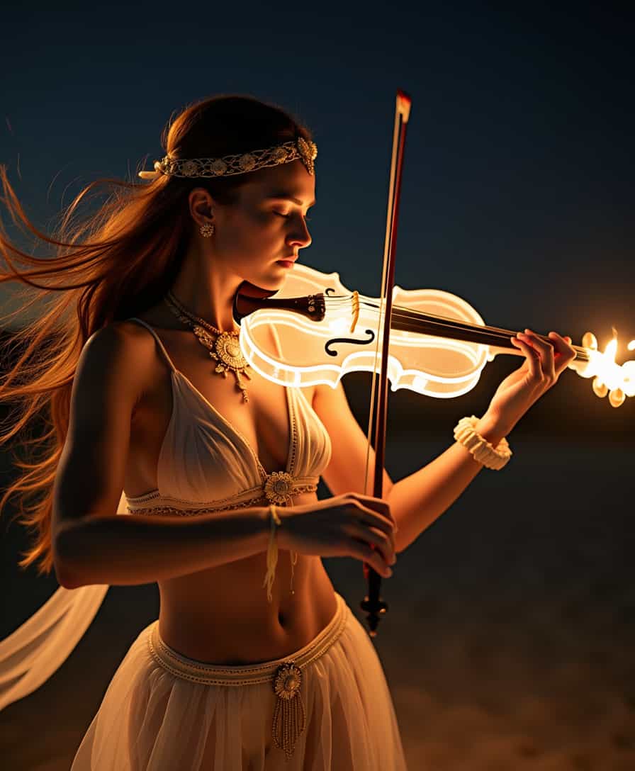 A cinematic photo of a beautiful woman violinist at Burning Man, playing an illuminated transparent violin that glows in the desert night. Her tribal-inspired outfit moves in the wind as she plays passionately. Hyper-realistic, 4K, cinematic, highly detailed, dramatic lighting.