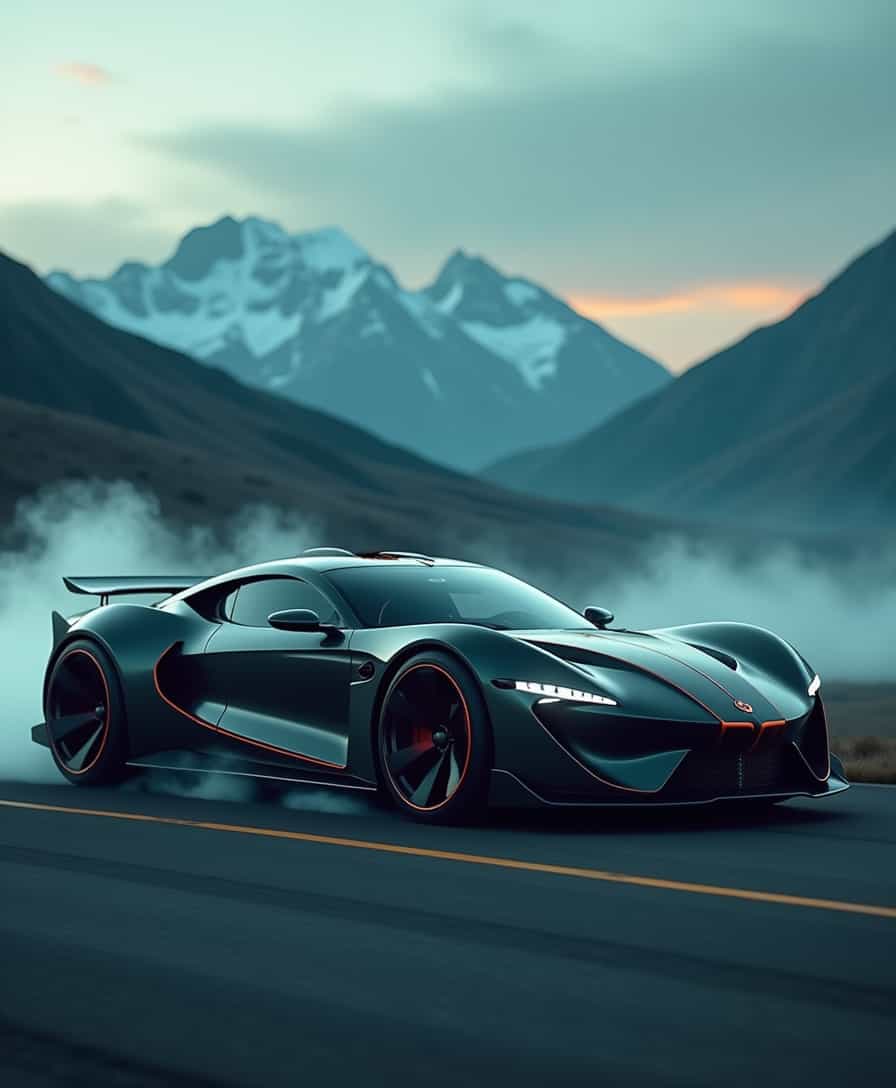 Car Concept: The image features a creatively designed vehicle that seamlessly blends military ruggedness with modern aesthetics, set against a dramatic mountain backdrop. The foreground is dominated by a vintage black sports car, adorned with sleek white and orange accents, its metallic finish gleaming under ambient, reflective lighting. The vehicle appears to be cruising through a veil of fog, which adds an intense atmosphere to the scene. 

In the background, a gradient of dark and teal colors melds with the natural landscape, slightly blurred to enhance the focus on the vehicle. The composition spotlights the car's fluid lines and innovative wheel design, merging the luxurious style of a sports car with the robust appeal of military vehicles. The breathtaking mountain skyline creates a vibrant contrast to the car, emphasizing its striking presence as it navigates through the ethereal fog.