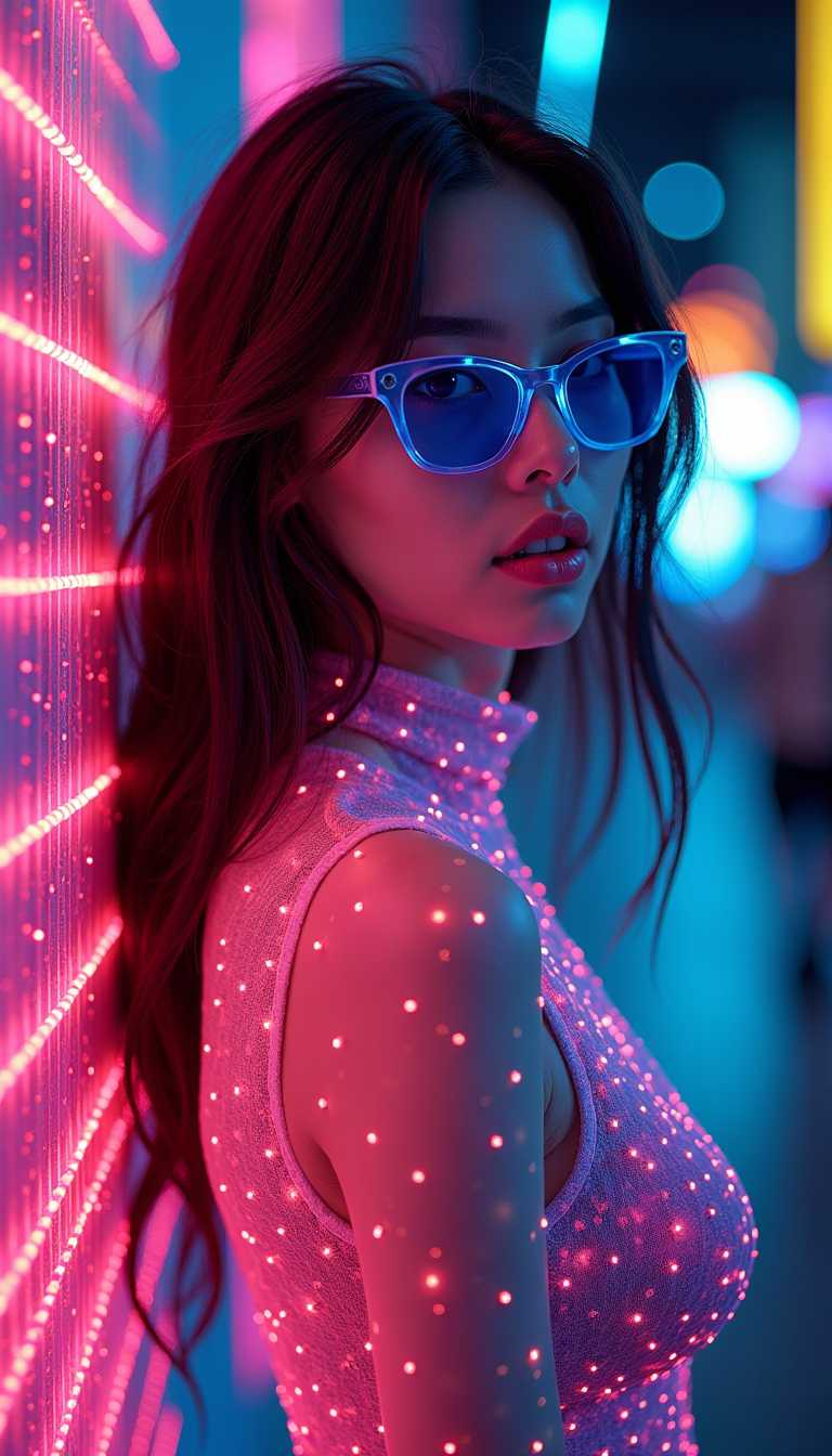 a full body bio limerent woman looking at viewer, Futuristic retro vaporwave, neon woman with long messy wavy hair, wears blue sunglasses, lights densely packed, mimicking the contours and features of a woman's body, bio-luminescent, translucent, cinematic, Film light, surreal hallucinatory intricately detailed, fairy lights, captures viewers with beauty and mesmerism, Hyper detailed, Hyper realistic, masterpiece, atmospheric, High resolution, Vibrant, CLEAR CRIMSON/AMBER/Cyan/purple, light particles, colorful, backlit, cyberpunk