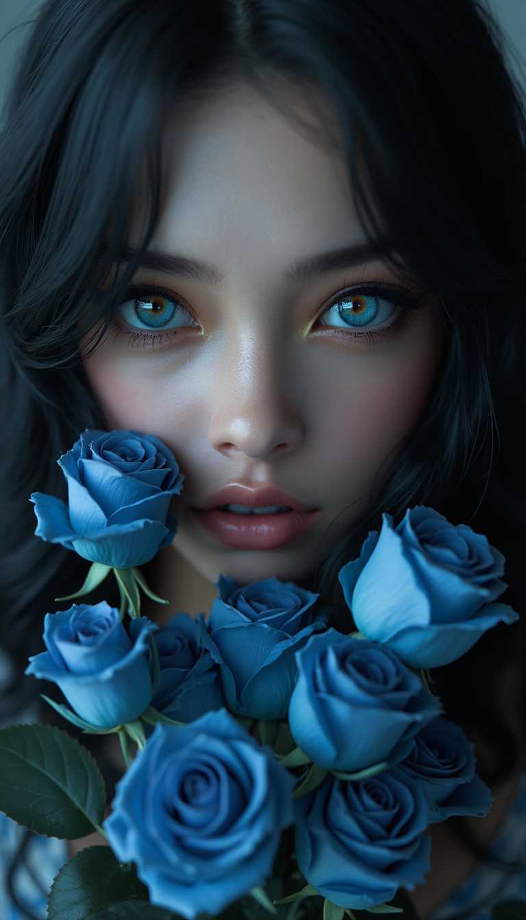 woman with  black hair,  blue roses, photorealistic picture, ultradetailed, 3D-render, 8K, create a textured  blue color face of woman looking at camera,  bright blue  color of eyes