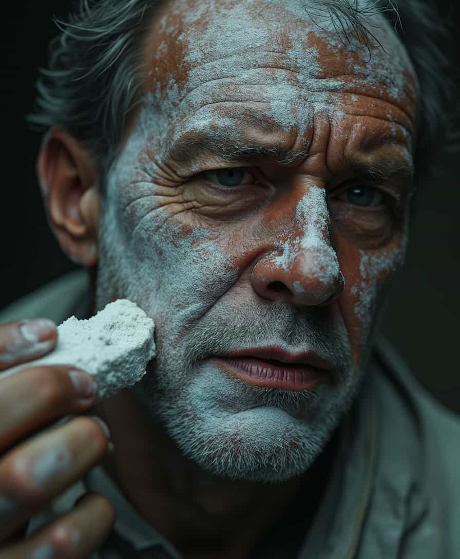 extreme closeup of a grizzled man's chin and cheek. applying starchy white face paint with a dirty sponge in hand. dark and gritty. photorealistic. uhd. 8k. ultra detailed.