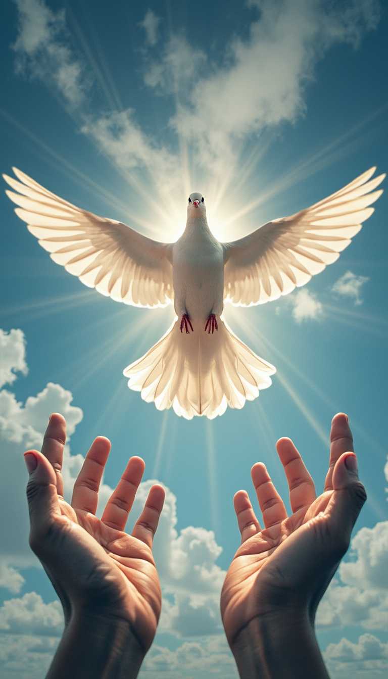 symmetry hands that are wide open, receiving one flying pigeon that fly symmetrically with symmetrical burst light behind them with a blue sky with many clouds 