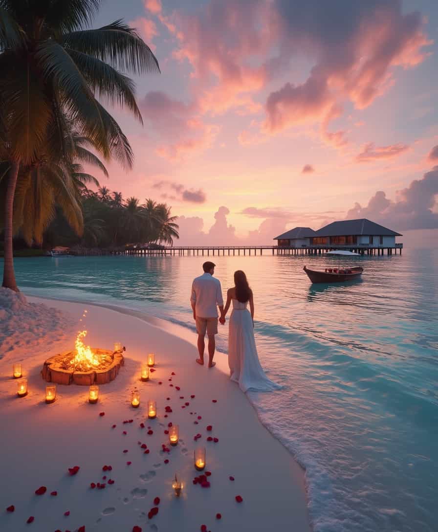 A dreamy and romantic Valentine’s Day travel scene, featuring a couple standing on a secluded white-sand beach at sunset, holding hands as the waves gently touch their feet. A heart-shaped island is visible in the background, surrounded by crystal-clear turquoise waters. The scene includes a luxury overwater villa decorated with rose petals, candle-lit dinners on the shore, and a wooden boat adorned with lanterns floating nearby. The sky is painted in soft pink and purple hues, with heart-shaped clouds drifting above. A trail of footprints in the sand leads to a cozy private bonfire where champagne glasses sparkle under fairy lights. Ultra-realistic, cinematic lighting, 8K resolution, National Geographic-style photography, breathtaking composition. 
