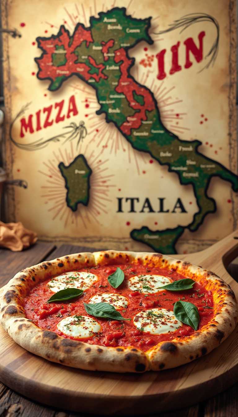 A highly realistic and vibrant truck cover design for a pizza food truck, showcasing an artistic yet detailed map of Italy in the background. In the foreground, a mouthwatering Neapolitan pizza with a perfectly charred crust, rich tomato sauce, fresh mozzarella, and basil leaves sits on a rustic wooden pizza peel. The colors are warm and inviting, featuring red, green, and white tones inspired by the Italian flag. The design has a professional yet artisanal feel, with bold typography that reads ‘Authentic Neapolitan Pizza’ or ‘Pizza Truck Italia’ in a stylish vintage font. The scene is well-lit with natural highlights, emphasizing textures like melted cheese, crispy dough, and fresh ingredients. The overall composition is clean, dynamic, and perfect for branding a pizza truck, ensuring high visibility and appeal.