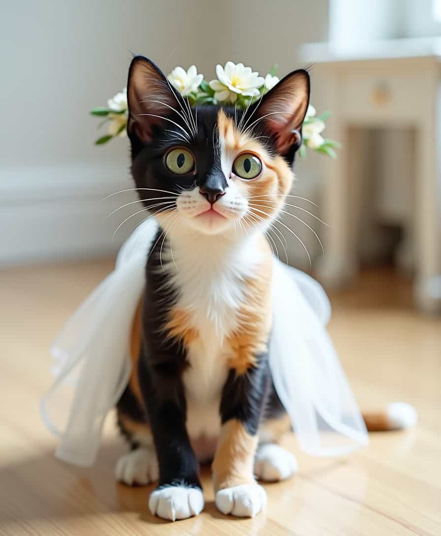 A tricolor cat (black, orange and white) with large, expressive green eyes. She has an asymmetrical coat pattern, with her face divided between black and orange, and a black patch covering part of her nose. Its body is slender, with white paws and a long, thin tail with a light tip. She has a black nose. She wears a white dress like a bride. The space is indoors, with a light wooden floor and a tall white bench in the background. The cat has a curious expression and a fixed gaze, appearing slightly surprised. It makes the dress appear a little more and makes her have an ornament on her head like a crown of wild flowers.