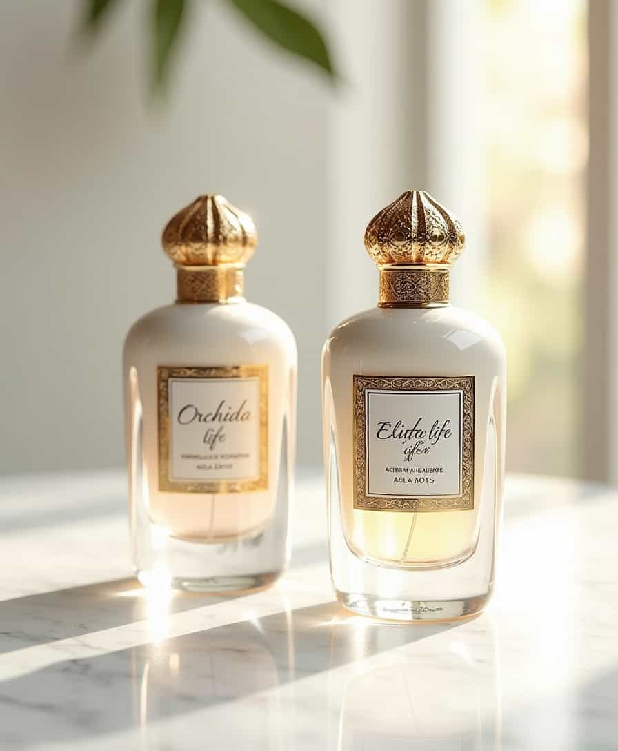 A luxurious, high-end beauty product packaging featuring two elegant perfume bottles with intricate golden details, adorned with ornate labels showcasing the brand names "Orchidea life bio beauty" in bold, cursive silver font and "Elite life international" in modern, uppercase black font. The perfume bottles are placed on a sleek, white marble surface with subtle, blurred reflections, evoking a sense of sophistication and refinement. The overall aesthetic is minimalist, yet opulent, with a predominantly white and gold color scheme accented by subtle, shimmering highlights. The lighting is soft and natural, with a slight warm glow, as if bathed in morning sunlight.