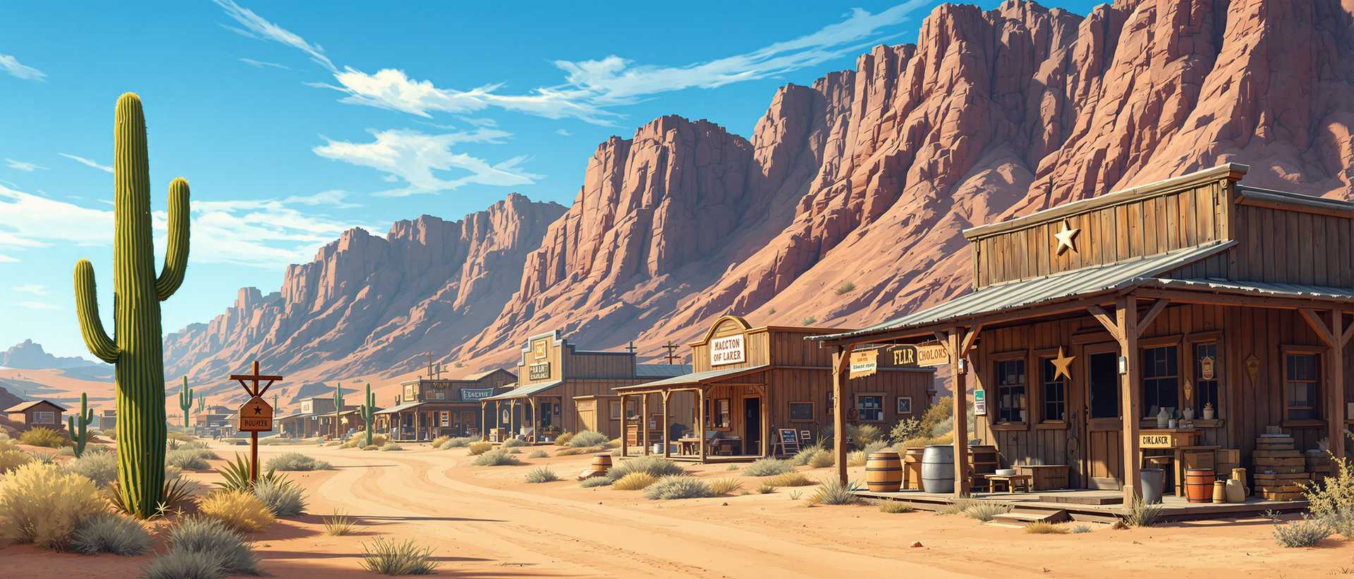 This image depicts a tranquil scene of a desert town, reminiscent of the American Old West. The art style is realistic with a touch of impressionism, capturing the play of light and shadow on the rugged terrain. The medium appears to be a highresolution photograph, given the clarity and detail in the image.Colors in the image are warm and earthy, with the dominant hues being browns, greens, and blues. The sky is a clear, bright blue with wispy clouds, suggesting a sunny day. The desert floor is a dusty brown, and the wooden structures have a natural, weathered look, with varying shades of brown and gray.Objects in the image include1. A tall saguaro cactus stands prominently on the left, with its distinctive cylindrical shape and spiky arms. The cactus is green with hints of yellow, indicating it may be in a state of drought or its a younger plant.2. To the right, theres a weathered wooden building with a corrugated metal roof. The building has a porch supported by wooden columns and beams, with a rustic charm. On the porch, there are several objects including a large barrel, a metal bucket, and a wooden crate. A star decoration hangs on the wall, adding to the oldwestern aesthetic.3. In the background, there are several similar wooden buildings, each with a porch and various items on display, suggesting they are shops or homes. The buildings are set against a backdrop of rugged mountains with steep cliffs, creating a majestic and imposing presence.4. Sparse desert vegetation can be seen, with small shrubs and bushes dotting the landscape, adding a touch of life to the otherwise barren terrain.5. The dirt road in the center of the image leads towards the mountains, inviting the viewer to imagine the journey one might take through this desert town.Overall, the image evokes a sense of nostalgia and tranquility, capturing the essence of a bygone era in the American Southwest.