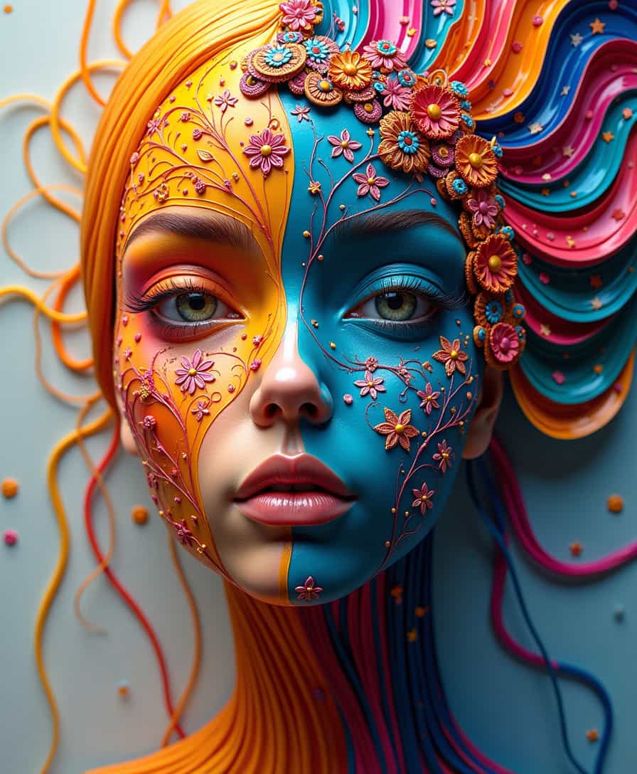 A mesmerizing composition emerges, featuring a half-human face seamlessly intertwined with dynamic abstract shapes decorated in intricate ornaments. The vibrant plastic stripes cascade down one side of the face, their fluidity enhanced by the ornate details that embellish the contrasting side. These plastic stripes glisten under the light, creating a captivating interplay between color and form. The intricate ornaments add depth and texture, transforming the piece into a stunning visual narrative that celebrates both human emotion and the beauty of abstract artistry. As the eye travels across the surface, the harmony of the design invites viewers to explore the intricate relationship between identity and creativity, revealing the enchanting fusion of materials and expressive forms.