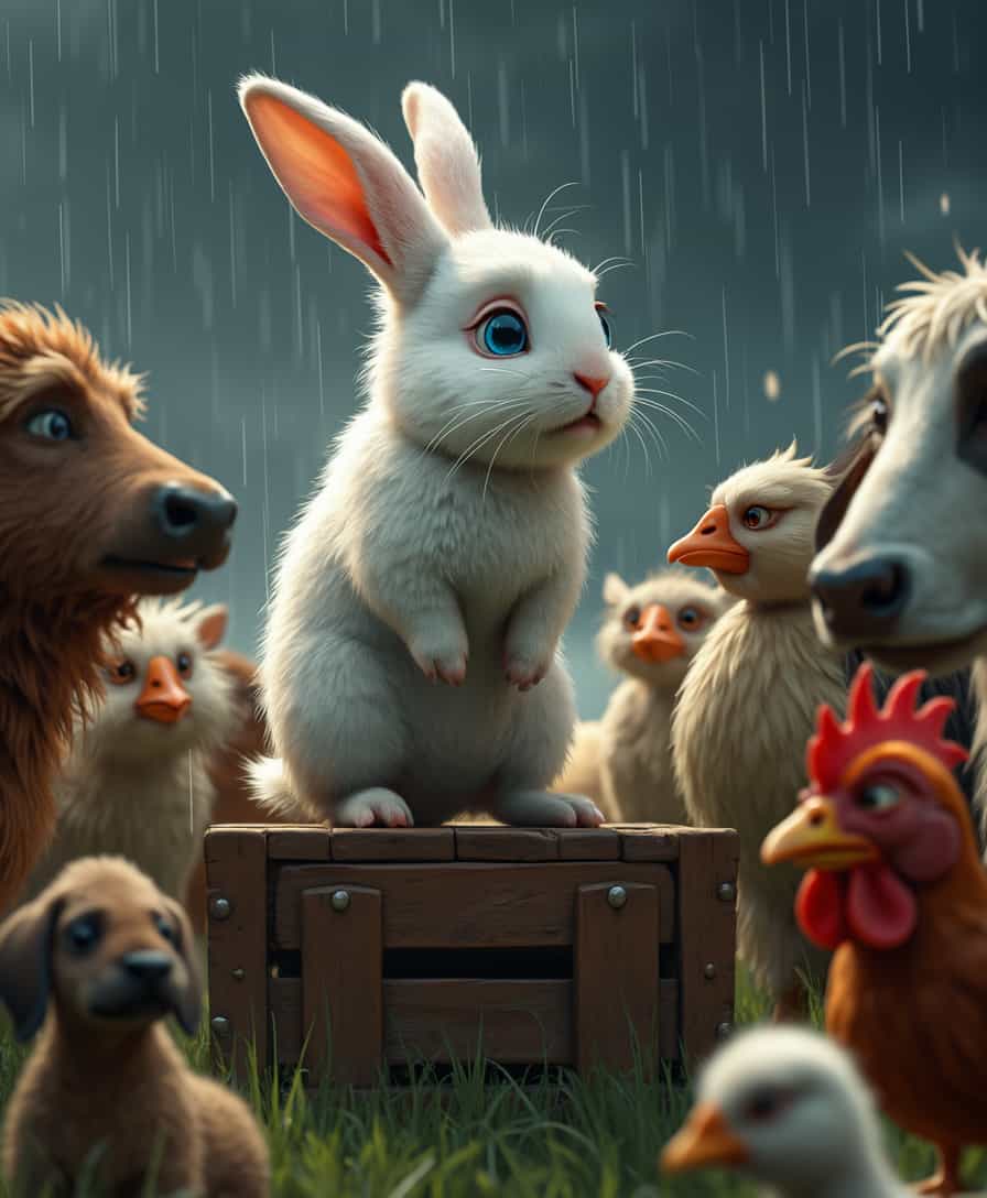 A hyper-realistic and cinematic digital painting of the small, fluffy white rabbit with big, expressive blue eyes standing on a wooden crate, addressing the other animals. His fur is soaked from the rain, but his eyes shine with determination. The farm animals—cows, chickens, ducks, and even a worried-looking farm dog—gather around, listening intently. The storm rages behind them, but there is a sense of hope in their expressions as they prepare to work together.

