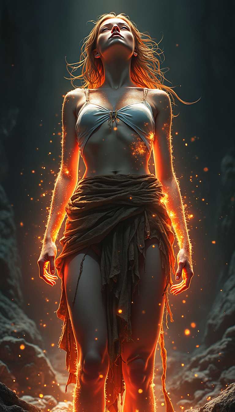 a breathtakingly realistic illustration of a strong, determined female figure with intricate, tattered clothing, standing proud with her head tilted back, gazing upwards, surrounded by vibrant, pristine glowing outlines that radiate a warm, ethereal light, set against a dark, dramatic background, viewed from a low, reverent angle, with an emphasis on high-contrast, ultra-high-resolution details that showcase the texture of her skin, the folds of her clothes, and the subtle nuances of her facial features, all bathed in a soft, luminous glow that accentuates her powerful, radiant presence.
