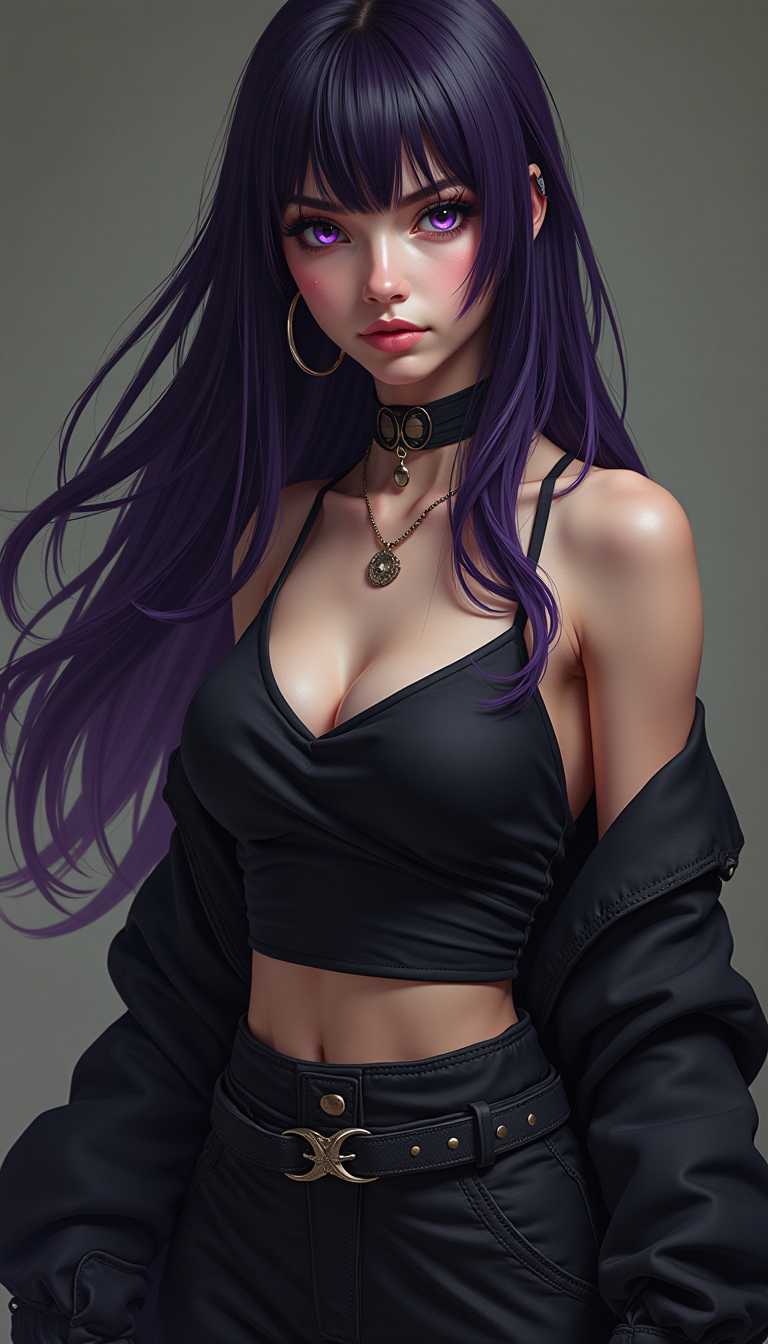 full body portrait, photo realistic, beautiful Emo Goth punk Japanese Filipina Spanish female assassin with long dark purple hair and bangs and large almond shaped purple eyes, tall thin body, extra gorgeous, kung fu fighting stance.