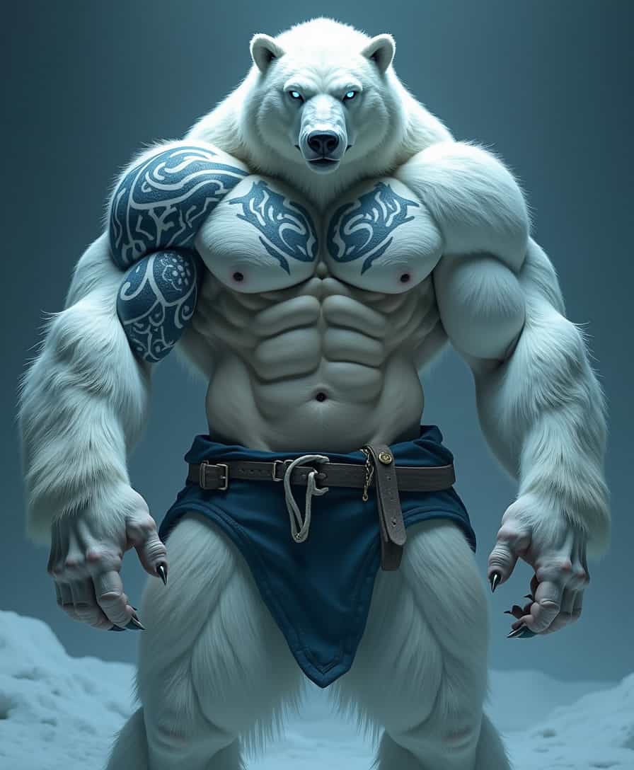 A monstrous yet majestic hybrid of man and polar bear now stands, a perfect fusion of raw power and primal instinct. His massive, hyper-defined muscular body is covered in thick, ultra-detailed white fur, but his abs, arms, and legs remain incredibly sculpted. His tribal tattoos glow through the fur, looking like ancient mystical runes. His face is partially bear-like but retains strong human intelligence, with icy blue glowing eyes. His massive hands now have sharp claws, but his posture remains controlled, exuding dominance and wisdom. He wears dark, rugged battle-worn shorts, his stance radiating pure alpha energy. 4K ultra-realistic, cinematic lighting, no blur, high-definition textures, hyper-detailed, dramatic atmosphere.