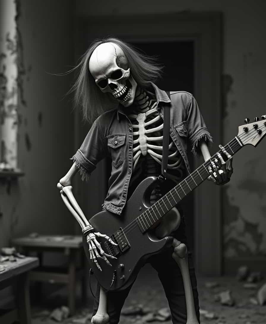 A dramatic, high-contrast, black and white photograph of a 3D skeleton in a horror-inspired setting, grasping an electric guitar with skeletal fingers, its half-length hair blown back as if by an unseen force. The skeleton is dancing in a tattered, worn shirt with frayed edges, its bony framework seemingly energized by the music. The background is a dark, desolate, and abandoned location, with crumbling walls, broken furniture, and scattered debris, evoking a sense of foreboding and decay. The image is rendered in a gritty, grainy style, with a shallow depth of field, reminiscent of candid film photography captured with a 35mm or 50mm lens. The lighting is harsh and directional, with strong shadows that accentuate the skeleton's bony features. The overall mood is one of dark energy and rebelliousness, as if the skeleton has risen from the dead to rock out in this forsaken place.