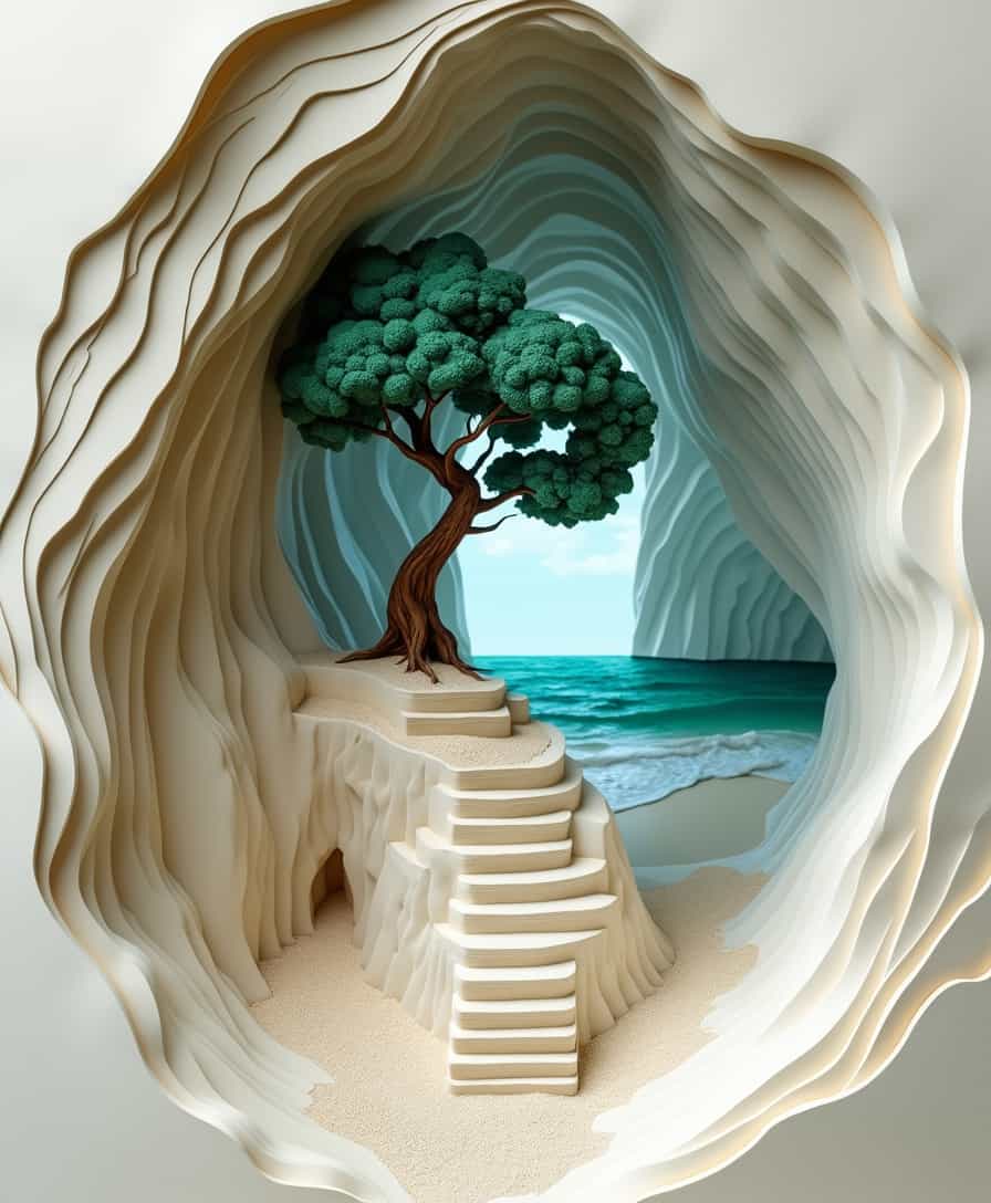 A cave carved from white sandstone, featuring stairs leading to the beach outside and an emerald tree growing on top of it. The background is composed entirely of waves. This artwork was created using paper-carving techniques. It has smooth curves, a three-dimensional effect, a sense of depth in layers, and subtle color changes. In contrast between light gray and dark beige, it creates a beautiful artistic scene.