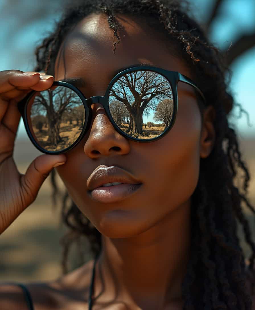 In her glasses we see a reflection of a Baobab Aurora Forest 