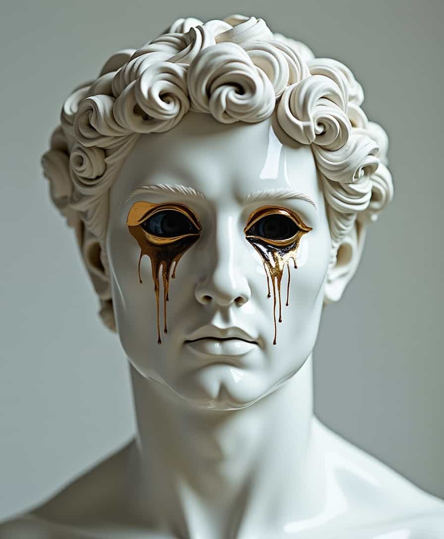 White textured greek god statue head, liquid gold black leaking from eyes, holding a looking glass, surrealism, realistic graphics, photorealistic, hyper-detailed, Megapixel, photography, 64k