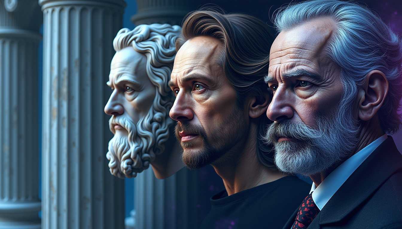 Create a dream-like digital art piece showing three philosopher faces transitioning into each other: Socrates on the left in weathered marble, his expression questioning and wise; Kant in the middle, rendered in Renaissance oil painting style, deep in contemplation; and Nietzsche on the right, his intense gaze and distinctive mustache dissolving into modern digital pixels and binary code. The background should fade from ancient Greek columns to cosmic nebula, with a deep blue and purple color scheme suitable for a sleep channel. All three faces should have a gentle, dreamlike quality despite their distinct characteristics, suggesting wisdom rather than intensity