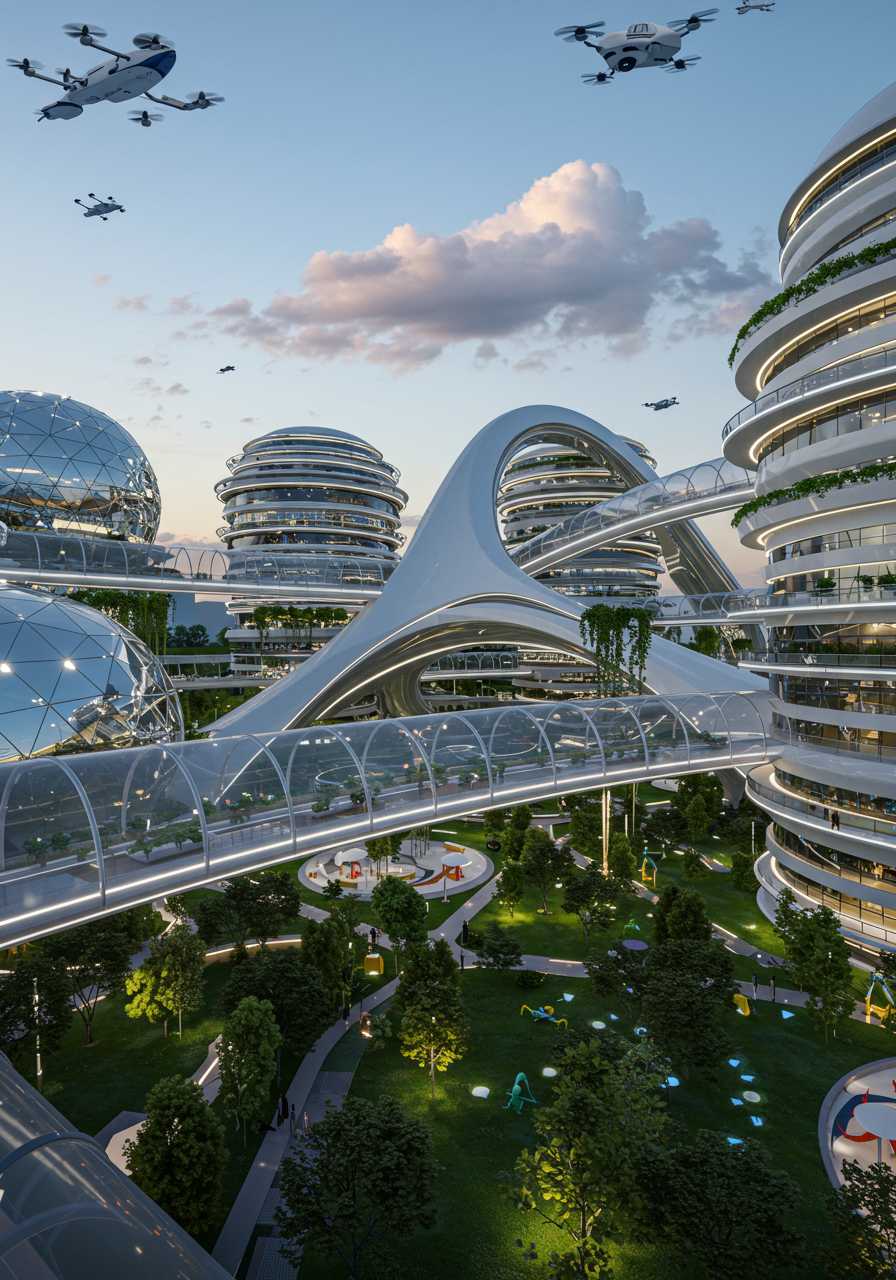 The image showcases a stunning, ultramodern futuristic home, characterized by its innovative architectural shapes, including sleek domes and spheres that rise dynamically against a clear sky. Transparent, tubular bridges elegantly connect various sections of the residence, creating a sense of fluidity and openness. Hanging gardens overflow with lush greenery, adding a vibrant touch to the sleek, mirrored surfaces of the central monumental structure, which features curvilinear designs that reflect the surrounding environment. Well-maintained parks and green spaces intersperse the area, dotted with trees and recreational zones, all softly illuminated by futuristic LED lights that cast a warm glow as dusk approaches. The composition captures the movement of flying vehicles and transport drones above, adding a sense of liveliness and advanced technology, while a few fluffy clouds drift lazily, enhancing the serene yet dynamic atmosphere of this cinematic scene.